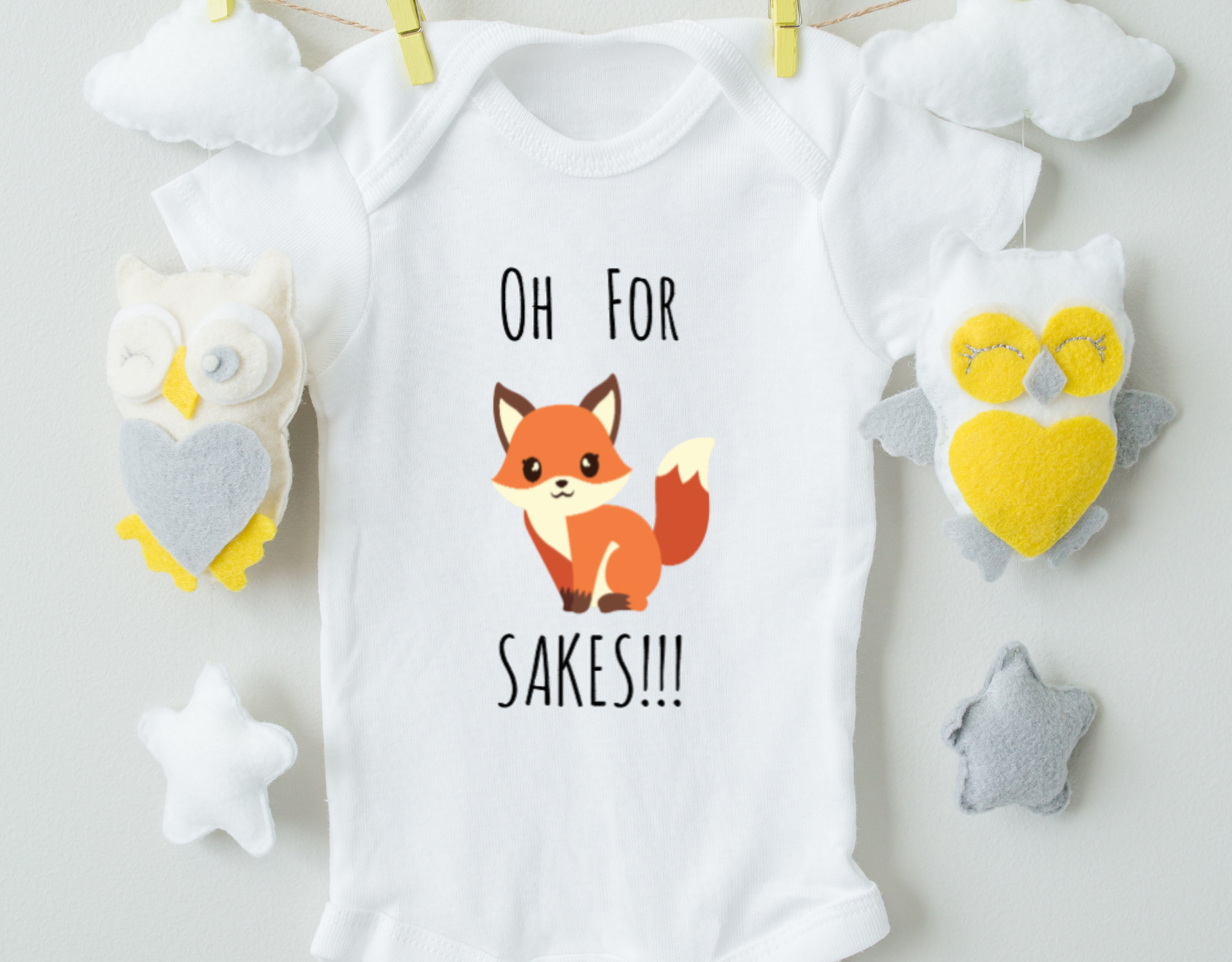 Oh For Fox Sake Cotton Baby Bodysuit featuring a playful fox design, made from 100% cotton with an expandable neckline and snap closure.