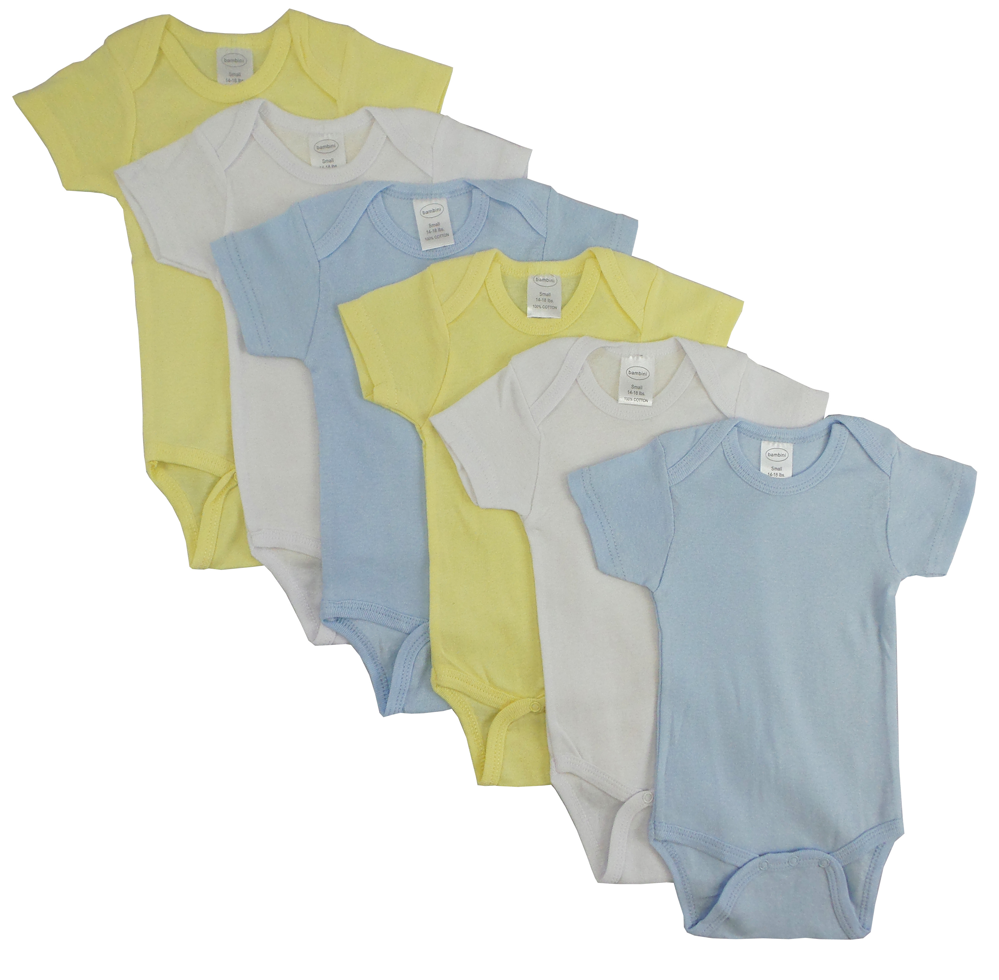 A pack of pastel-colored boys' short sleeve onesies made from soft cotton rib knit fabric, perfect for spring and Easter.