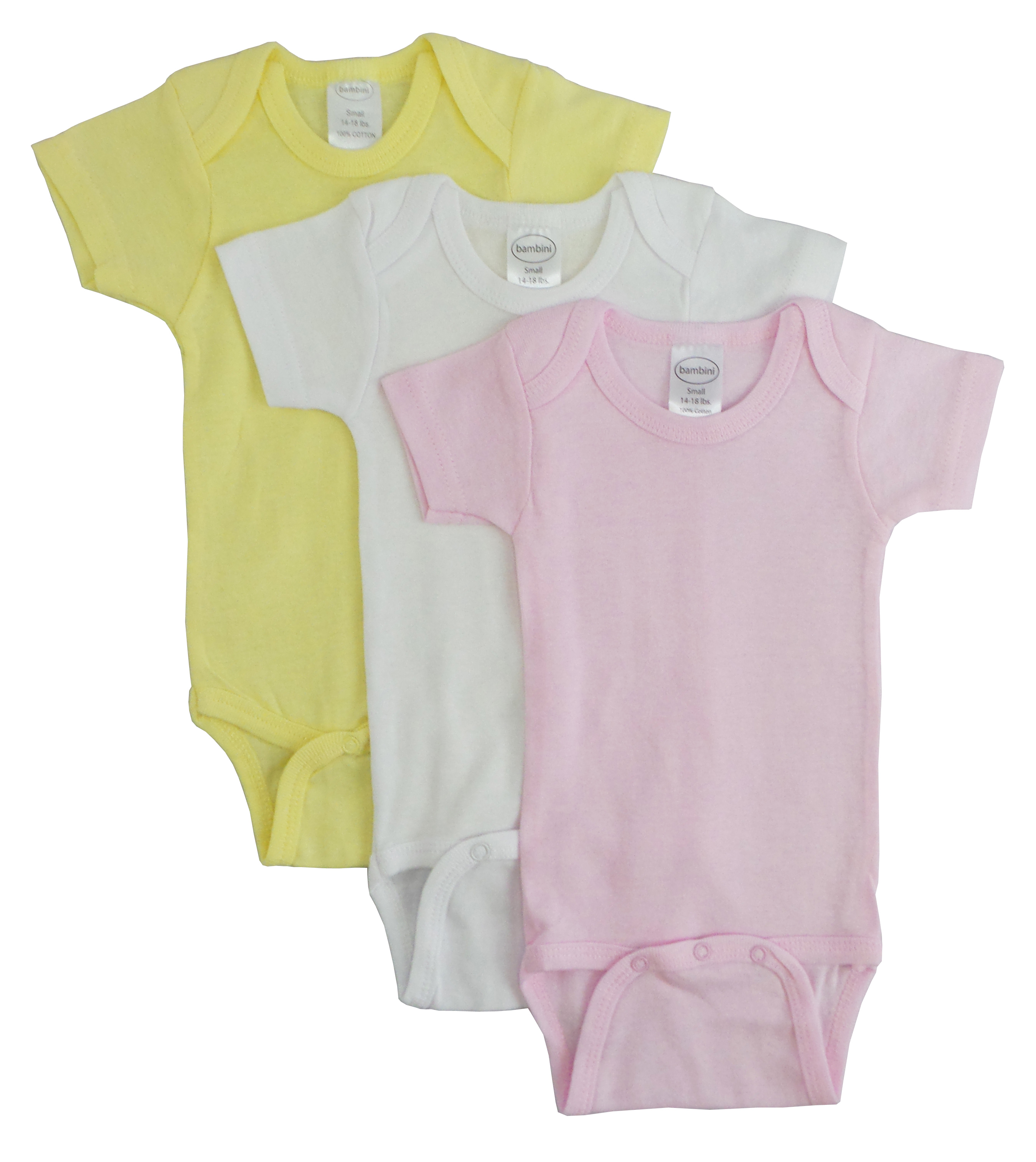 A variety pack of pastel-colored girls' short sleeve one-piece outfits made from soft cotton rib knit fabric, perfect for spring wear.