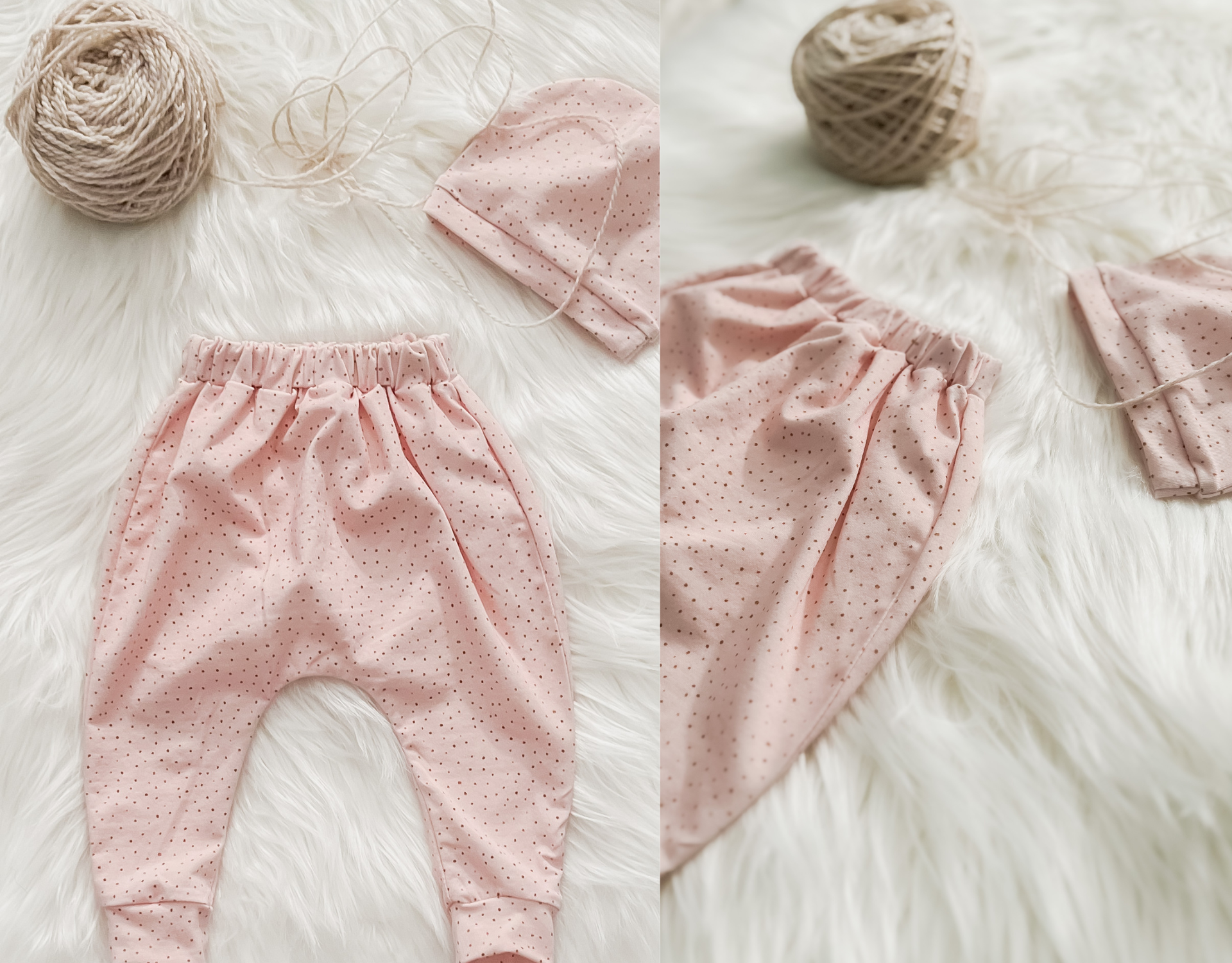 Pearl pink harem baby pants with gold dots and matching hat, designed for infants aged 0-3 months.