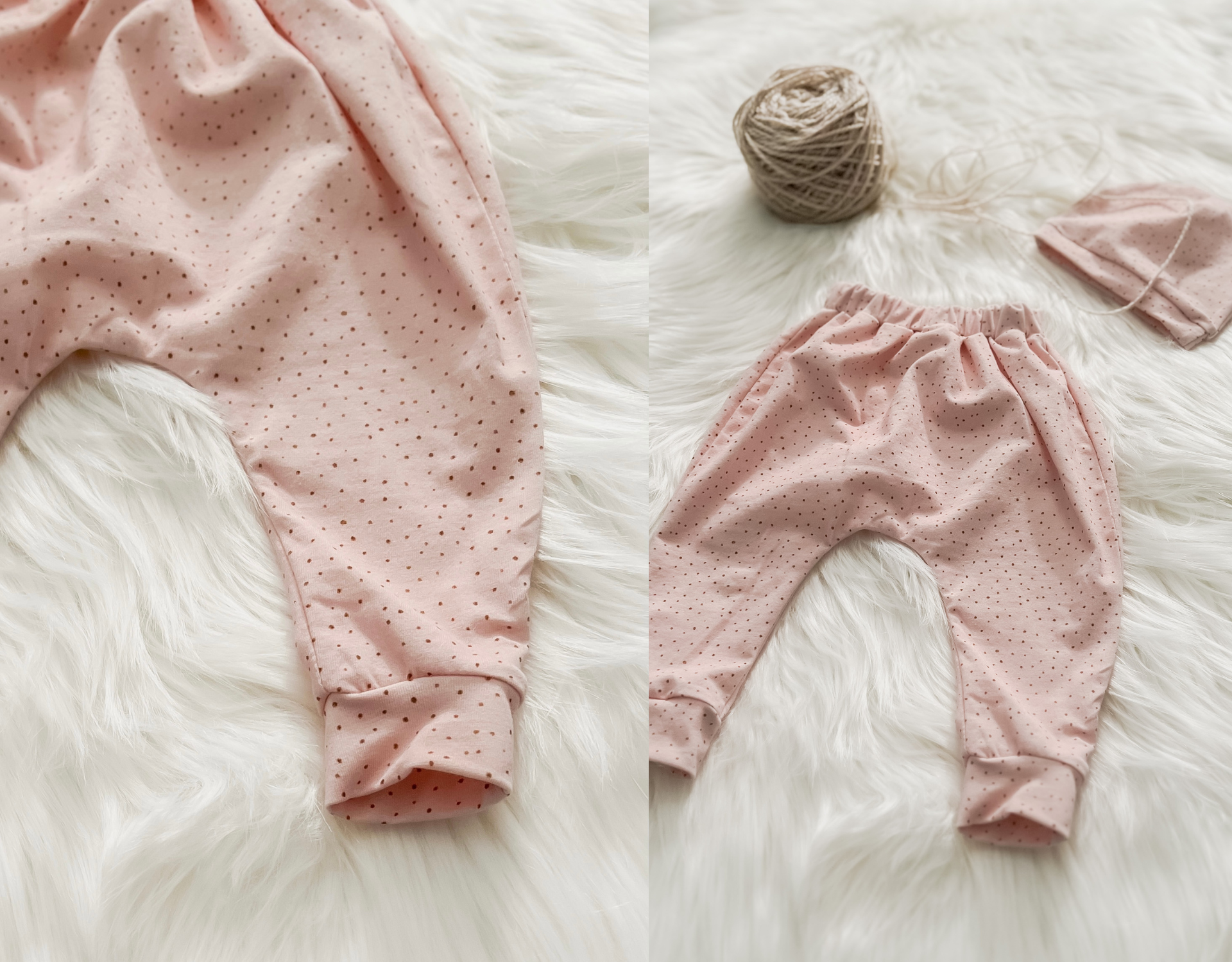 Pearl pink harem baby pants with gold dots and matching hat, designed for infants aged 0-3 months.