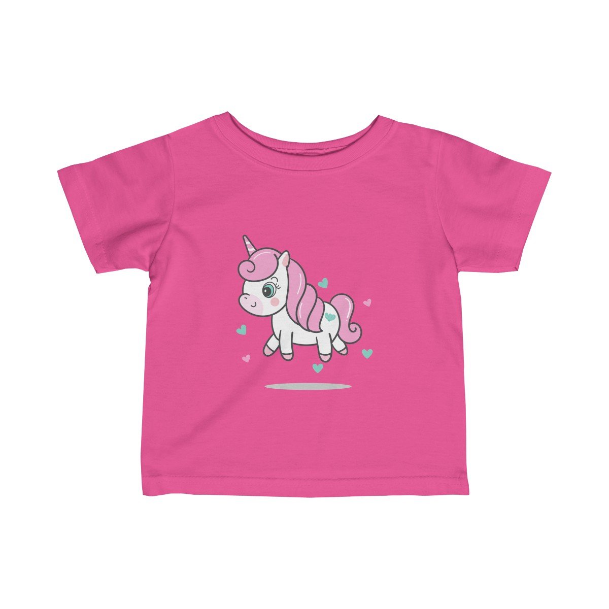 A soft pink tee featuring a vibrant unicorn design, perfect for infants and toddlers.