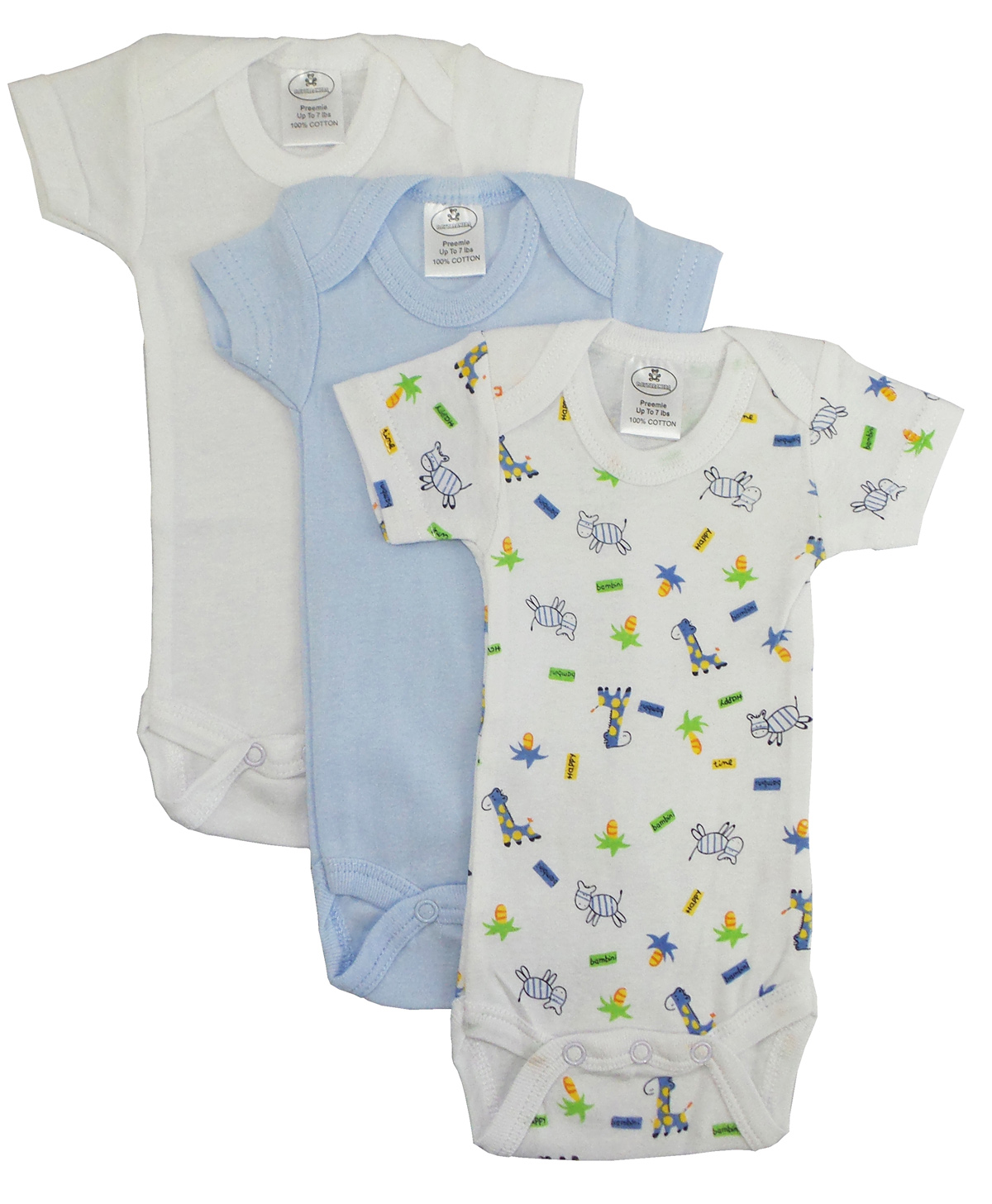 A variety pack of preemie boys' short sleeve one-piece outfits in assorted prints, made from soft 100% cotton rib knit fabric, showcasing expandable necklines and snap closures.