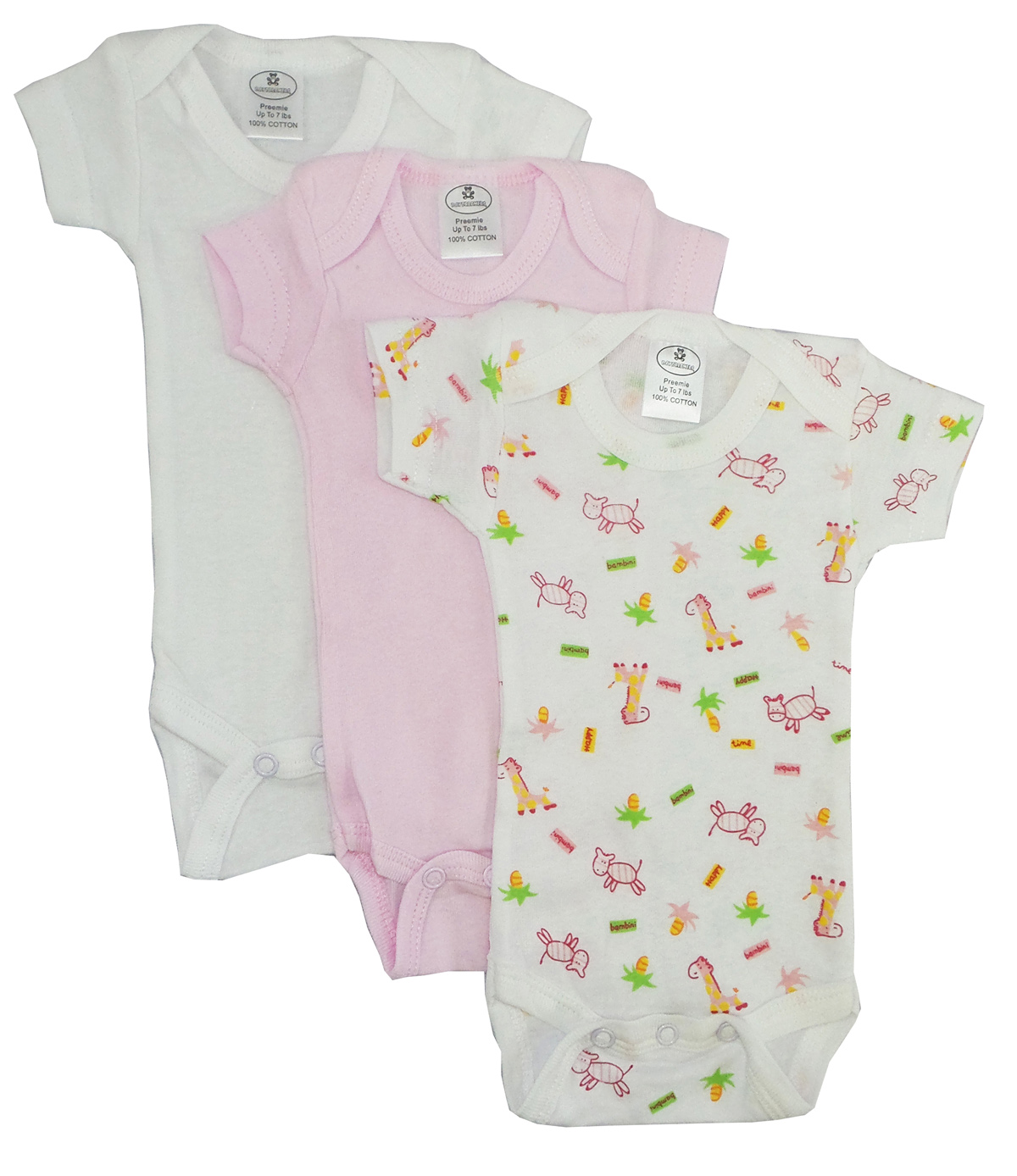 A variety pack of preemie girls' printed short sleeve onesies in soft cotton, featuring expandable necklines and snap closures for easy dressing.