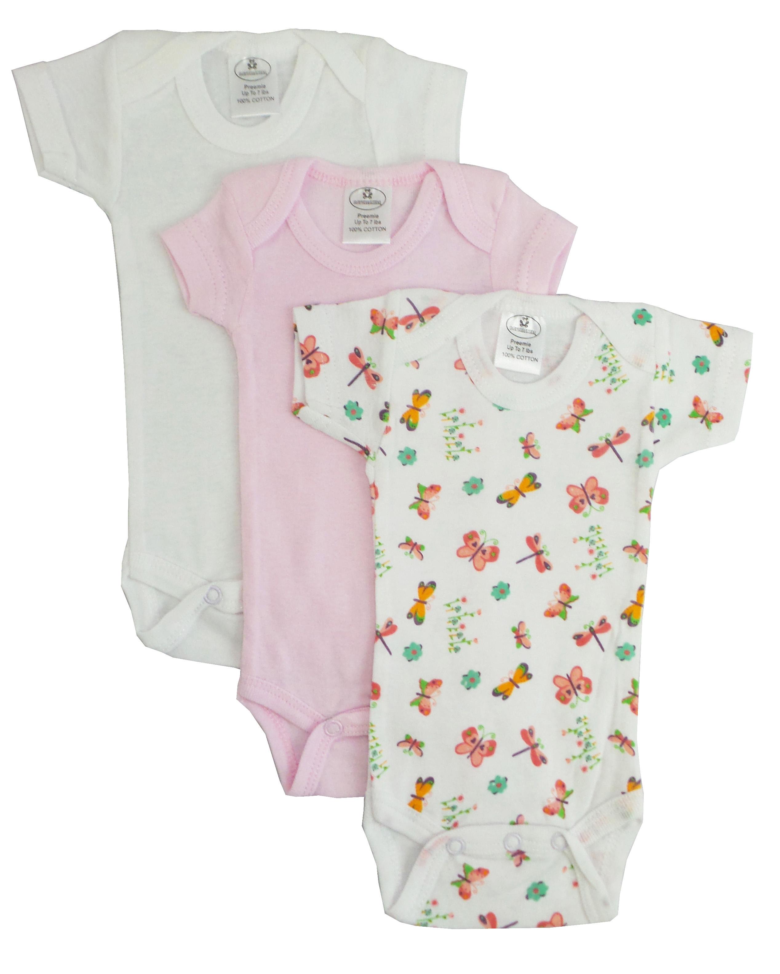 A variety pack of preemie girls' printed short sleeve onesies in soft cotton, featuring expandable necklines and snap closures for easy dressing.