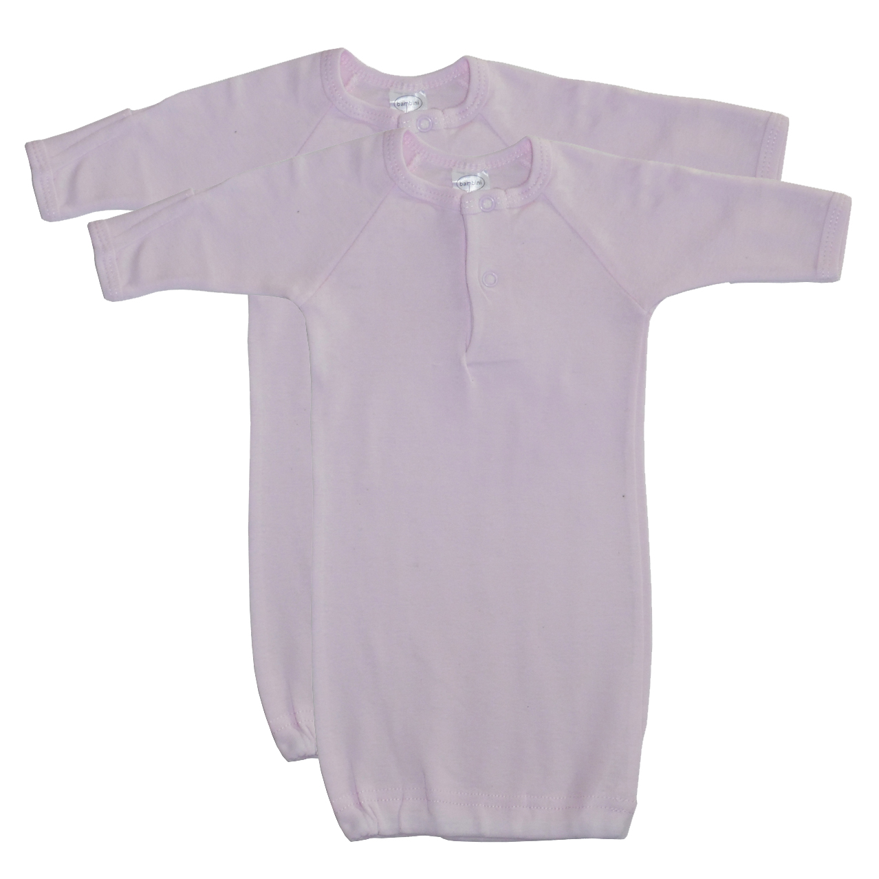 Two soft pink preemie gowns with mitten cuffs, designed for comfort and warmth, featuring snap button shoulder neckline.