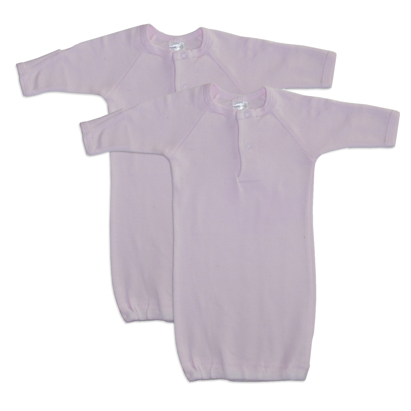 Two soft pink preemie gowns with mitten cuffs, designed for comfort and warmth, featuring snap button shoulder neckline.