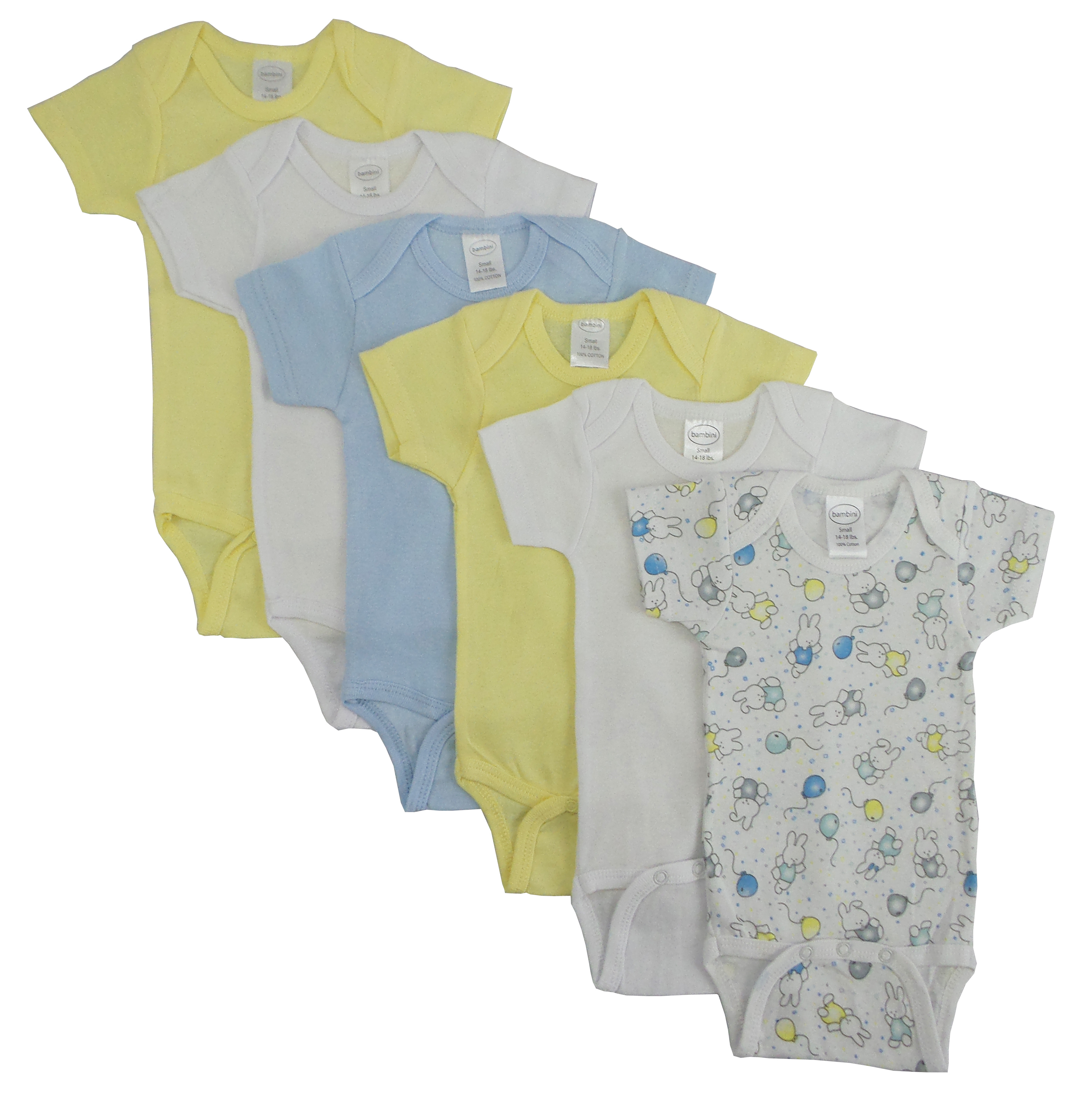 A colorful pack of six boys' short sleeve onesies in pastel colors, made from soft cotton fabric, perfect for spring and Easter celebrations.