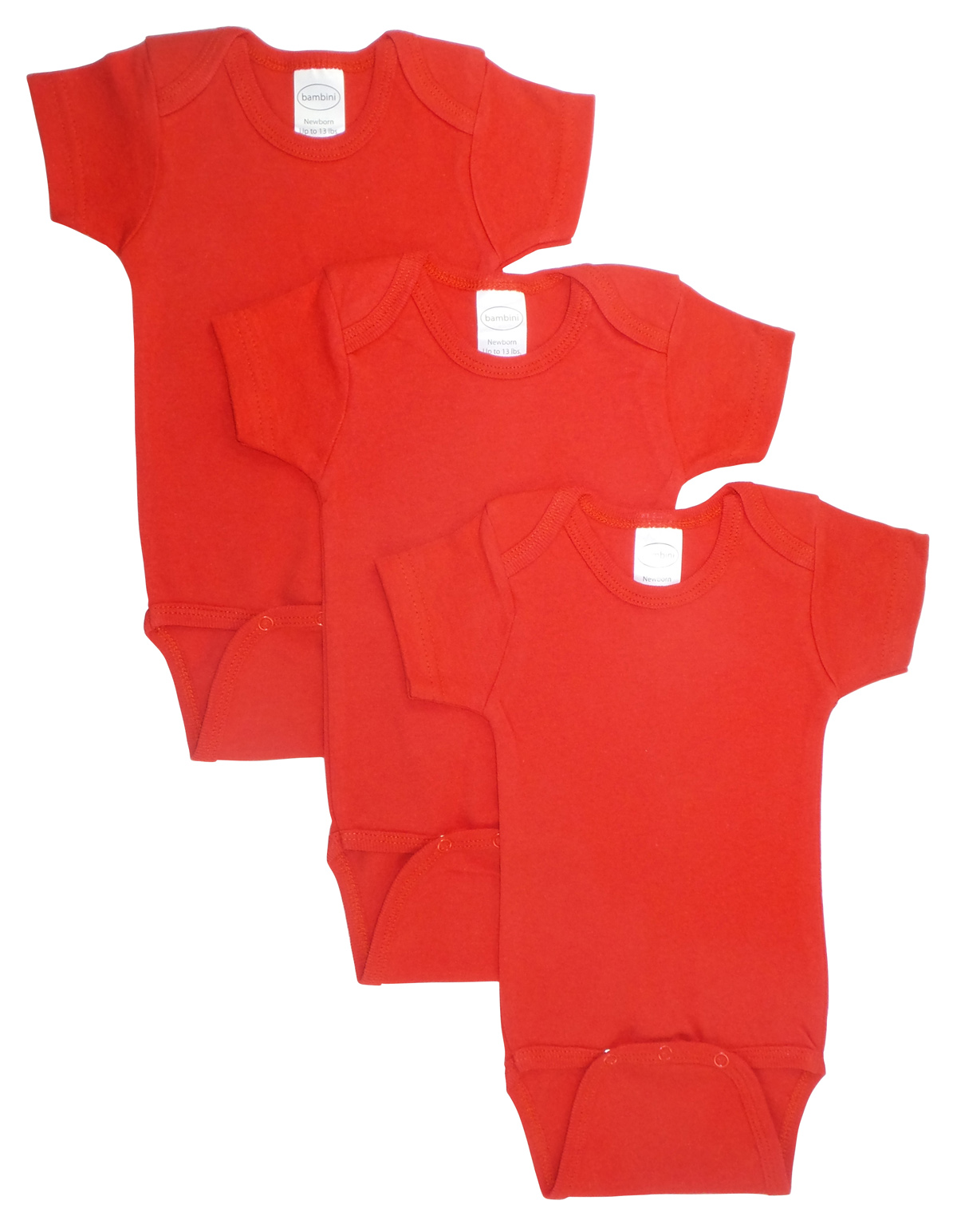 Pack of 3 red cotton bodysuits for babies, featuring short sleeves and snap closures for easy dressing.