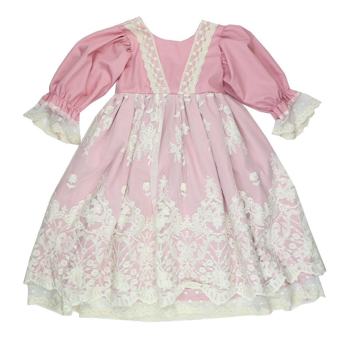 A beautiful dusty pink dress for little girls, featuring a delicate lace overlay, perfect for special occasions.