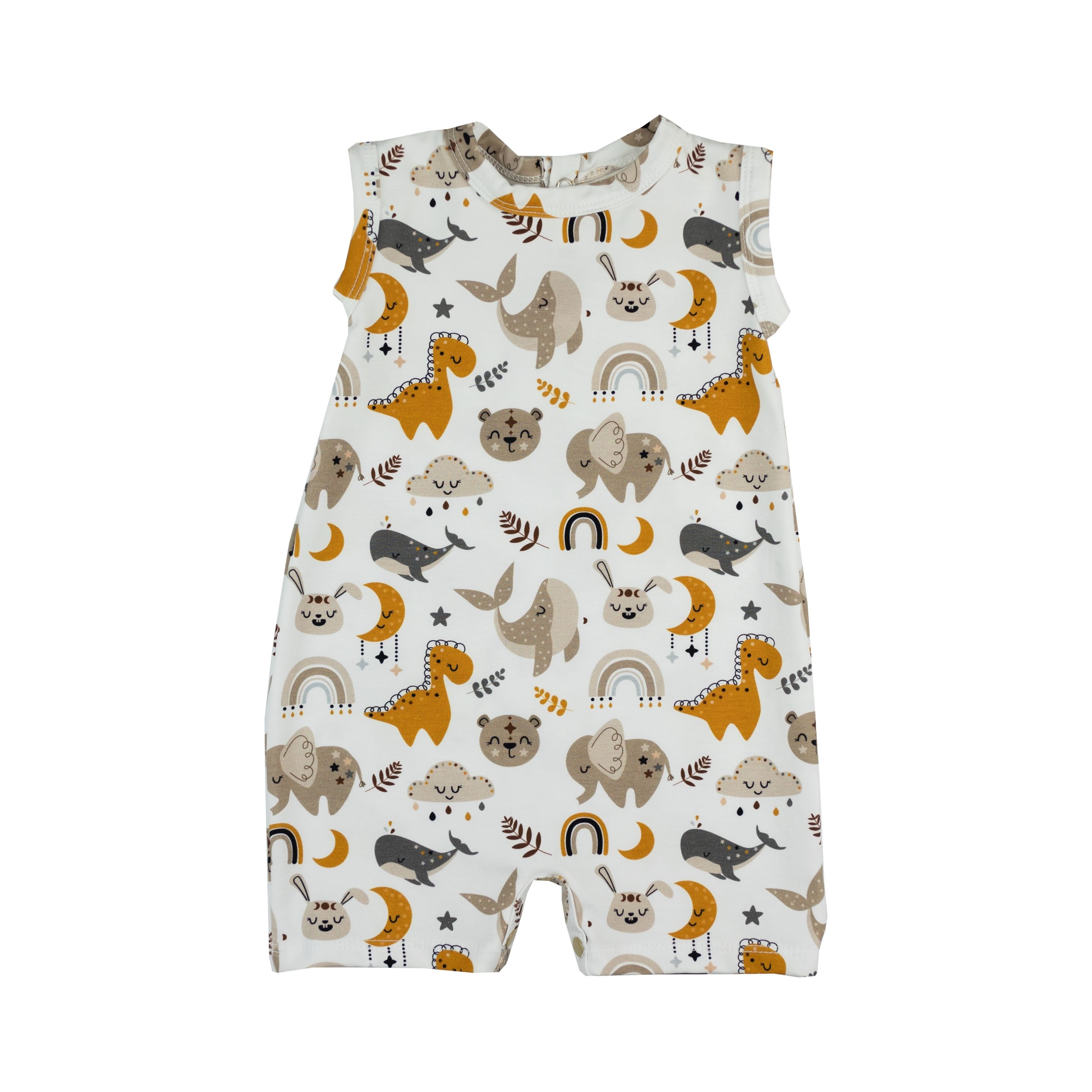 A stylish Safari Love Romper featuring a whimsical animal print in neutral colors, perfect for casual outings.