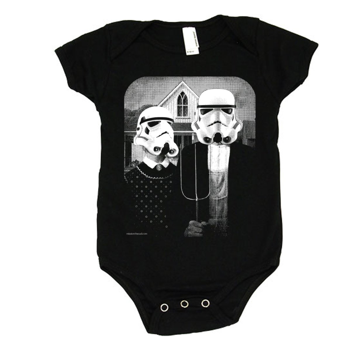 A cute baby onesie featuring a Star Wars themed American Gothic design, made from soft cotton fabric.