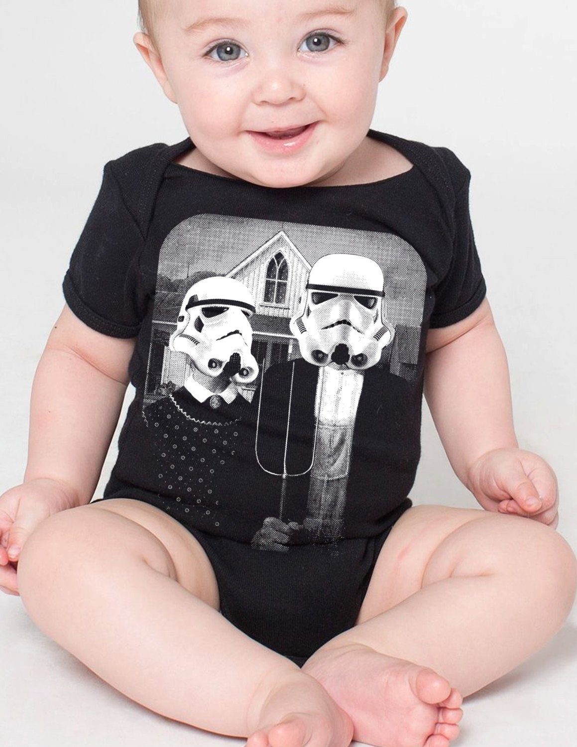 A cute baby onesie featuring a Star Wars themed American Gothic design, made from soft cotton fabric.