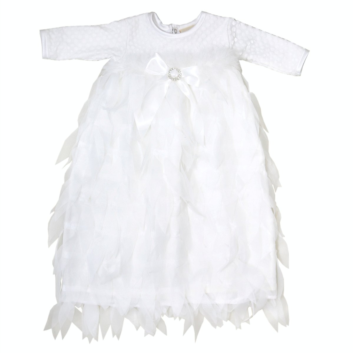 Elegant white gown for newborn girls, inspired by swans, perfect for spring occasions.