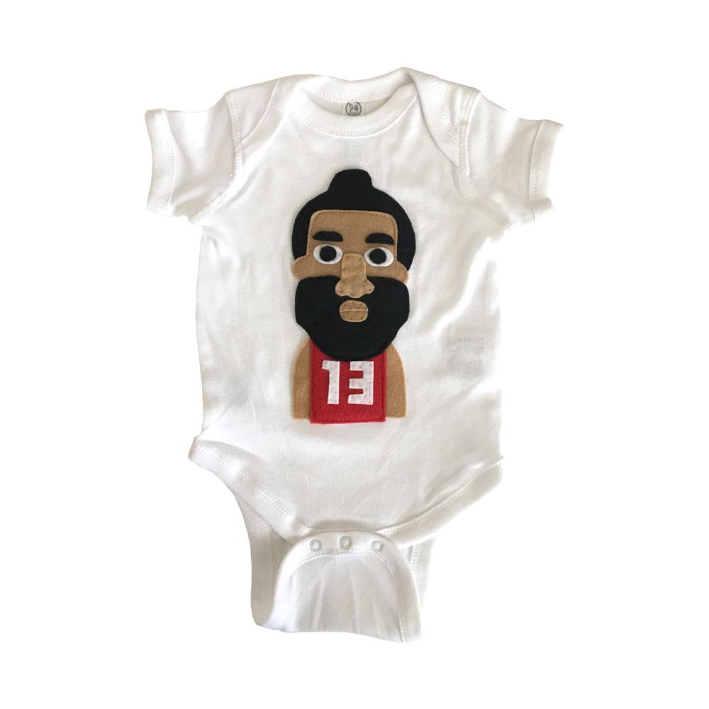 A handmade baby onesie featuring a unique felt appliqué design inspired by The Beard, perfect for infants.