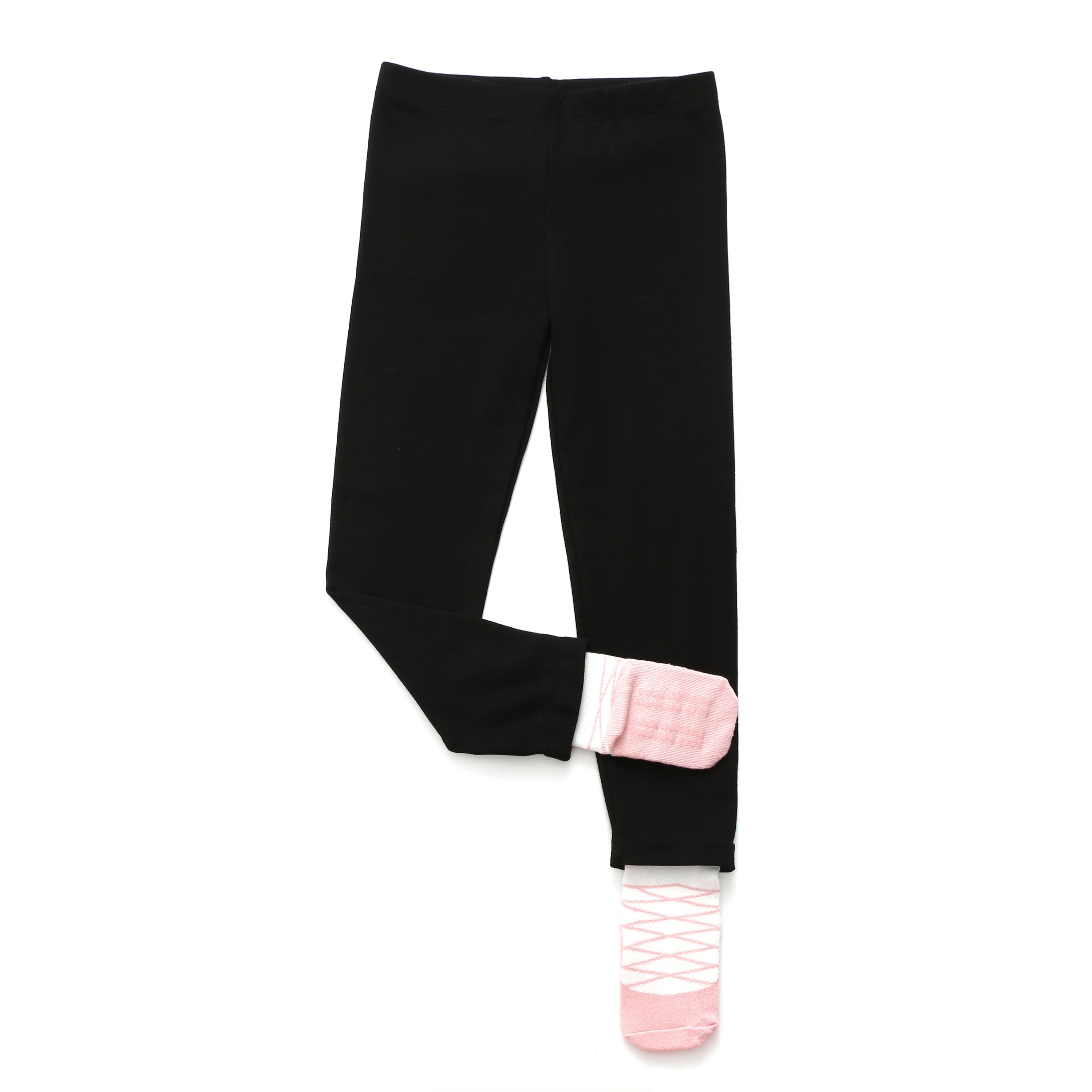 The Bellina Soft Stretch Leggings featuring attached ballet socks in pink and ivory with rubber grippers for traction.