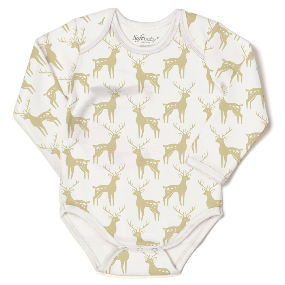 The Golden Deer L/S Onesie made from 100% organic cotton, featuring a charming deer print and long sleeves, perfect for babies.