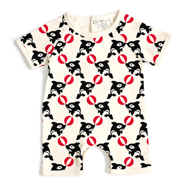 The Orca Short Romper made from 100% organic cotton, featuring short sleeves, a crew neck, and bottom snap closures in a vibrant design.