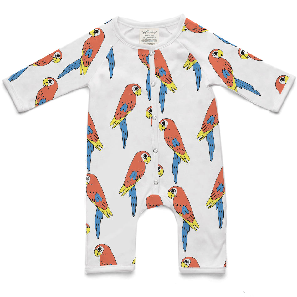 The Parrot Long Romper made from 100% organic cotton, featuring a vibrant water-based ink print and nickel-free fasteners.