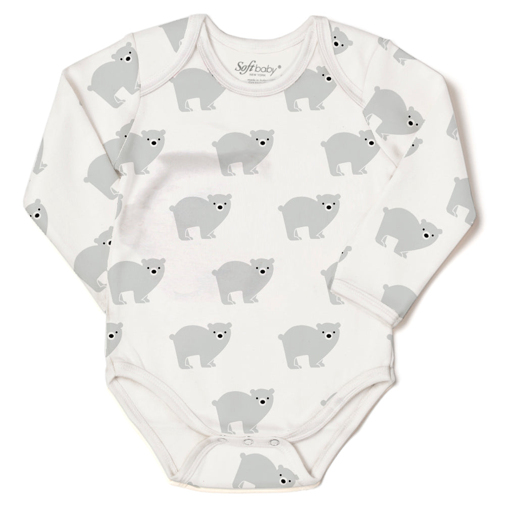 A cozy Polar Bear Long Sleeve Onesie made from 100% organic cotton, featuring a cute polar bear print and nickel-free fasteners.