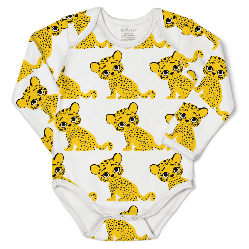 The Stride of the Tiger L/S Onesie made from 100% organic cotton, featuring a vibrant print and long sleeves, perfect for babies.