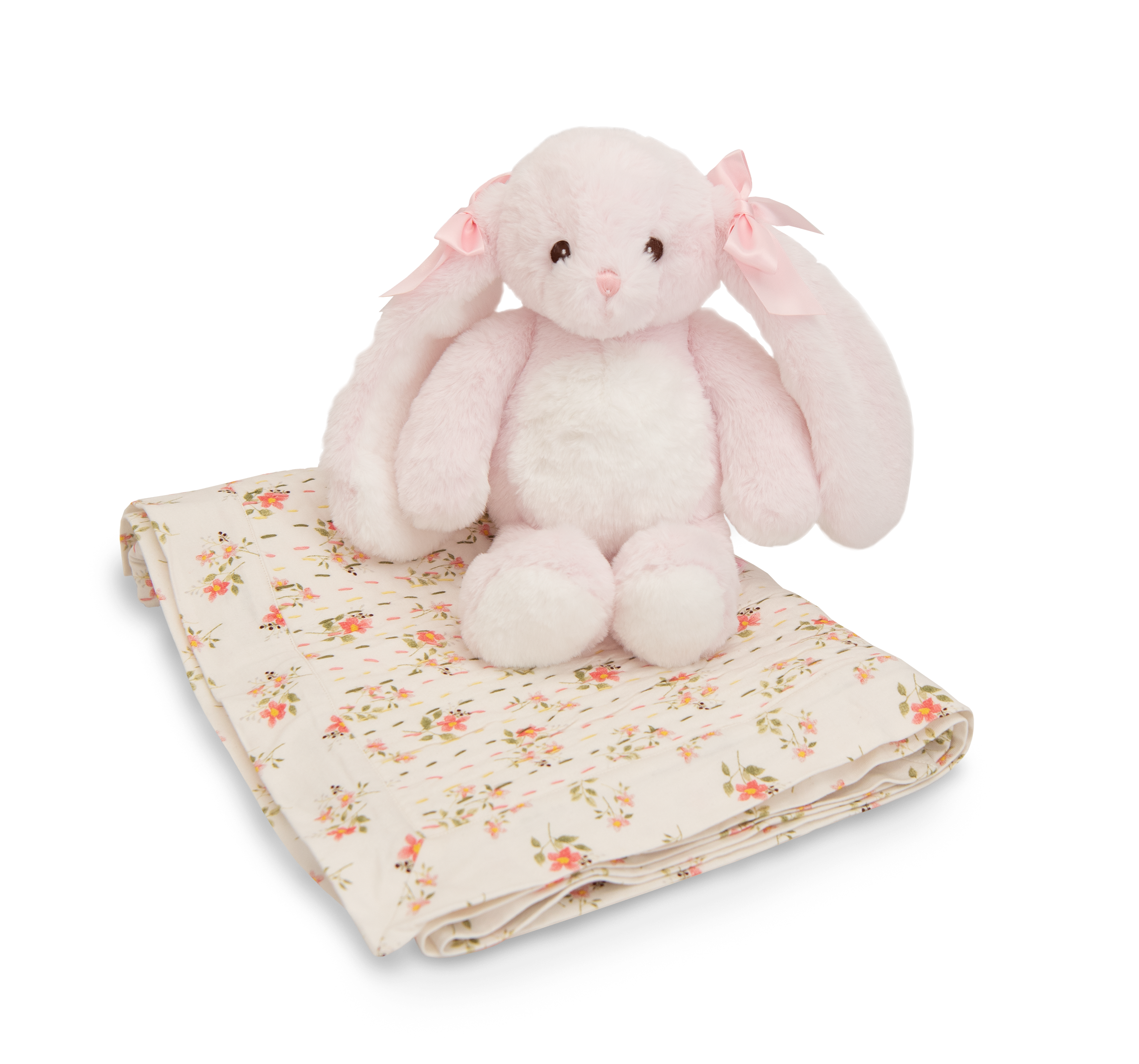 Tiny Petals Quilt Gift Set featuring a soft crib-sized quilt with tiny petals design and a cute plush bunny, perfect for nursery decor.