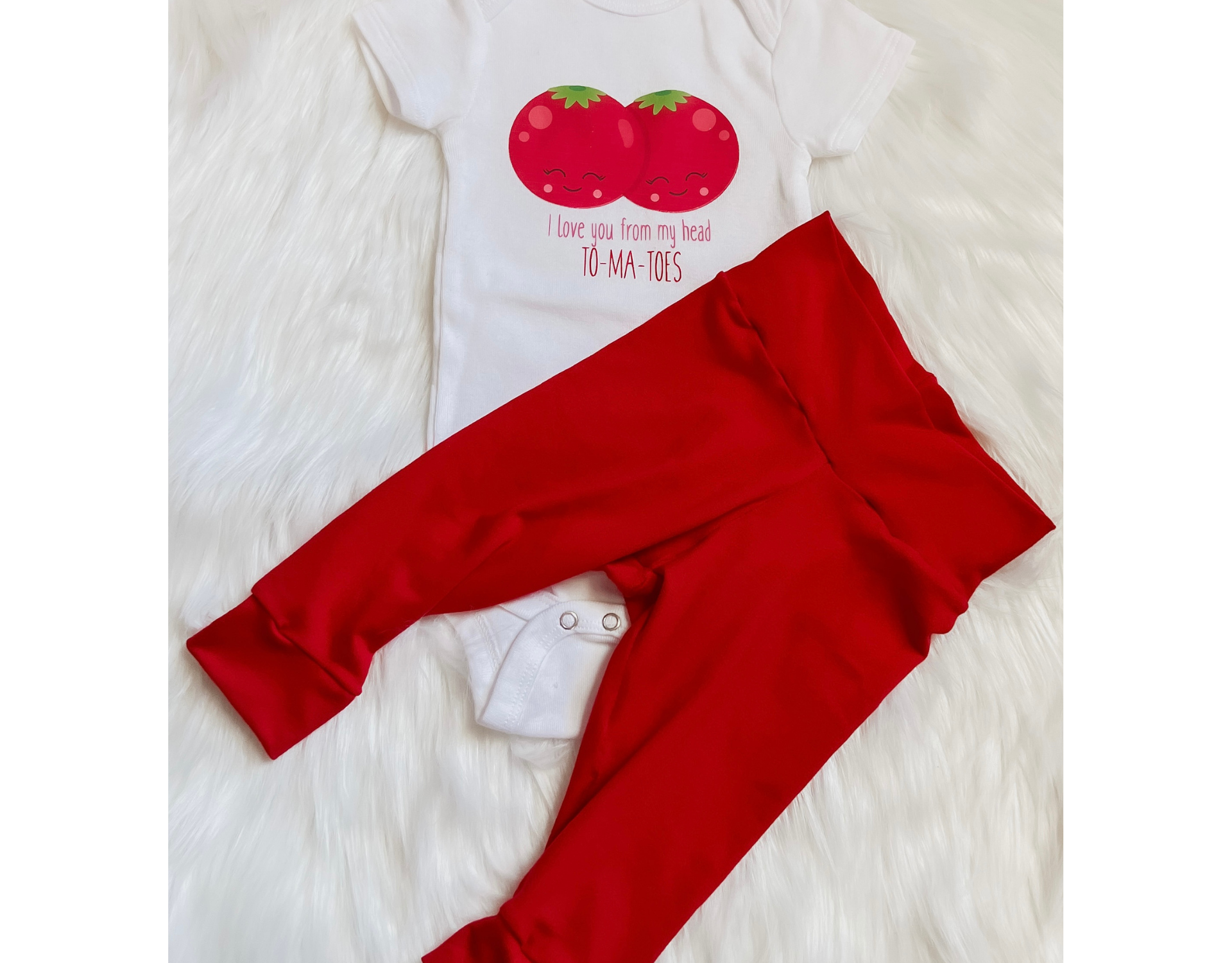 Adorable Tomato Baby Outfit featuring soft leggings and a cotton bodysuit, perfect for infants.