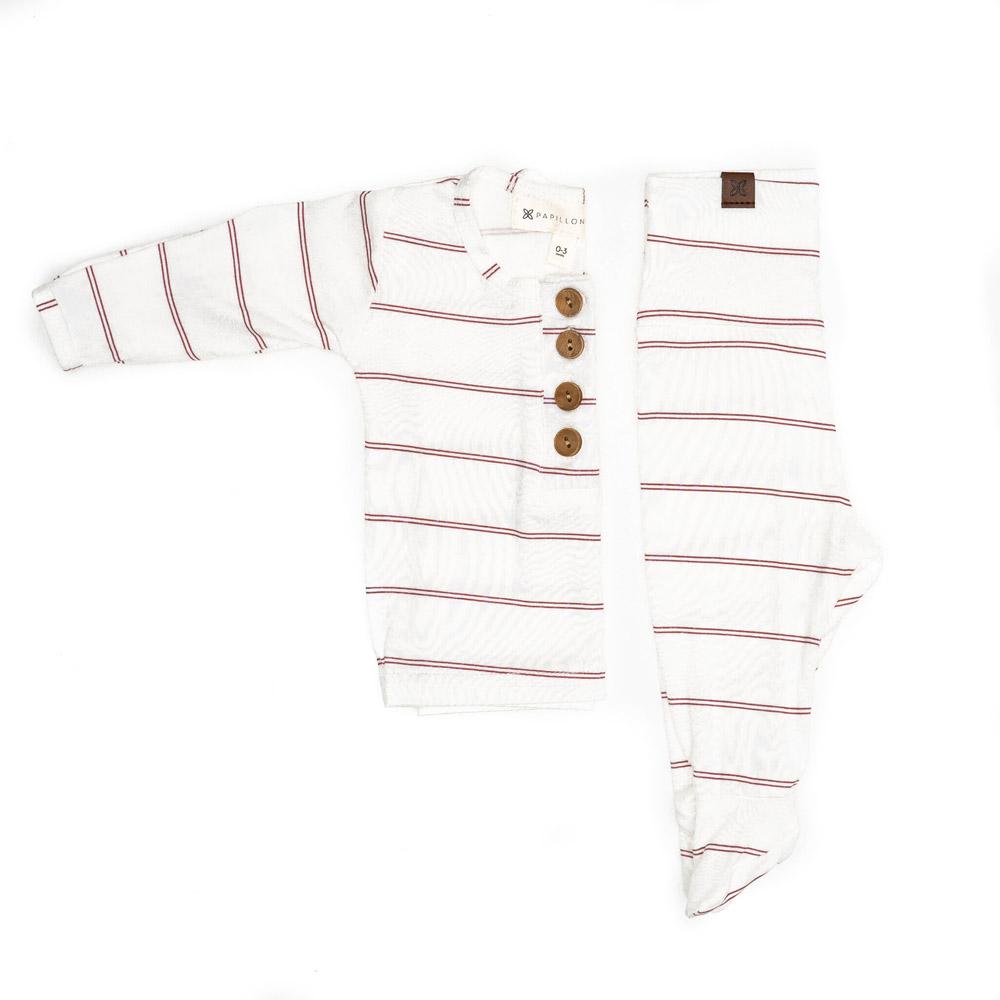 A cute baby outfit set featuring a soft fabric blend with functional wooden buttons, designed for comfort and style for infants.