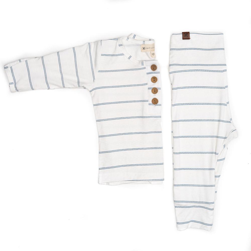 A cute baby outfit set featuring a soft fabric blend with functional wooden buttons, designed for comfort and style for infants.