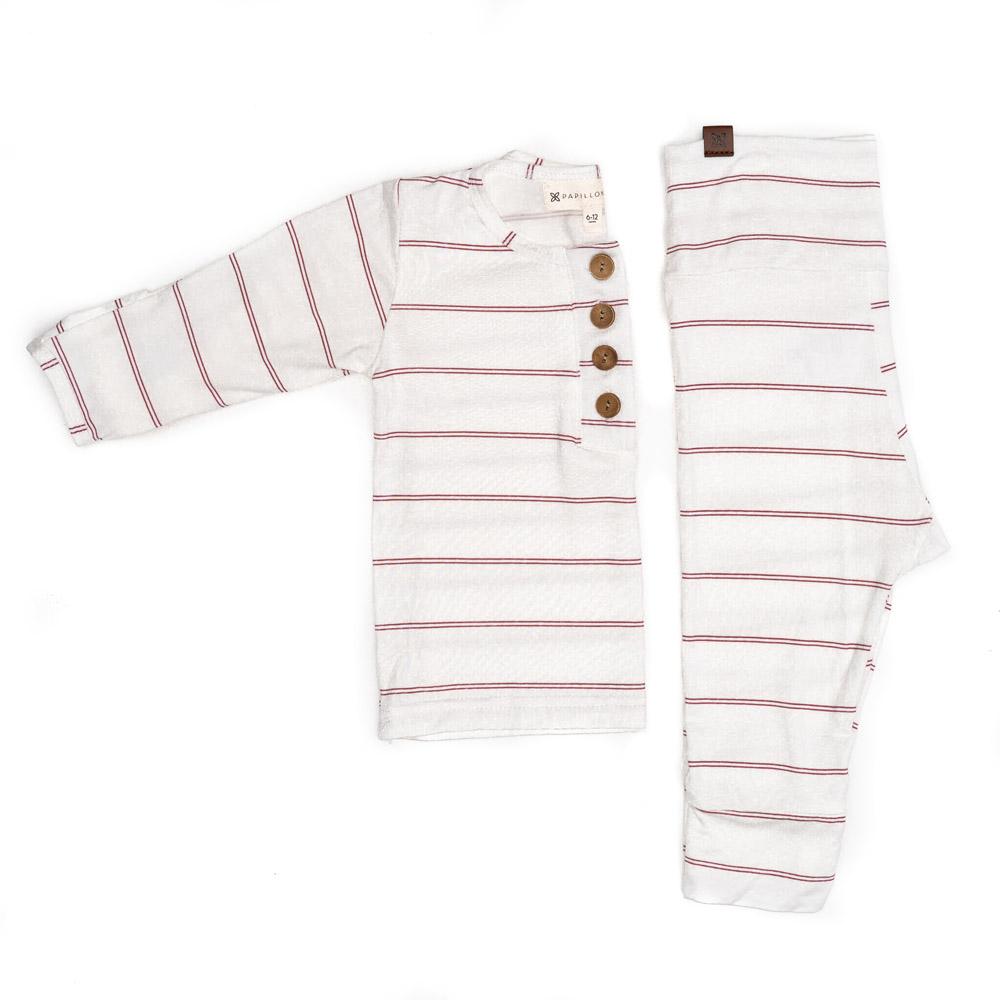 A cute baby outfit set featuring a soft fabric blend with functional wooden buttons, designed for comfort and style for infants.