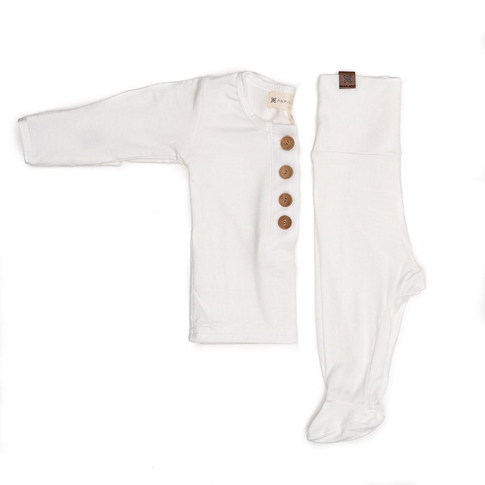 A cute baby outfit set featuring a soft fabric blend with functional wooden buttons, designed for comfort and style for infants.