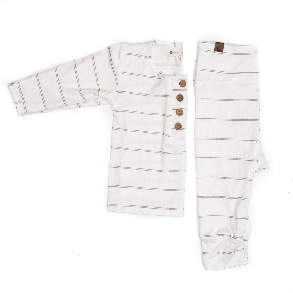 A cute baby outfit set featuring a soft fabric blend with functional wooden buttons, designed for comfort and style for infants.