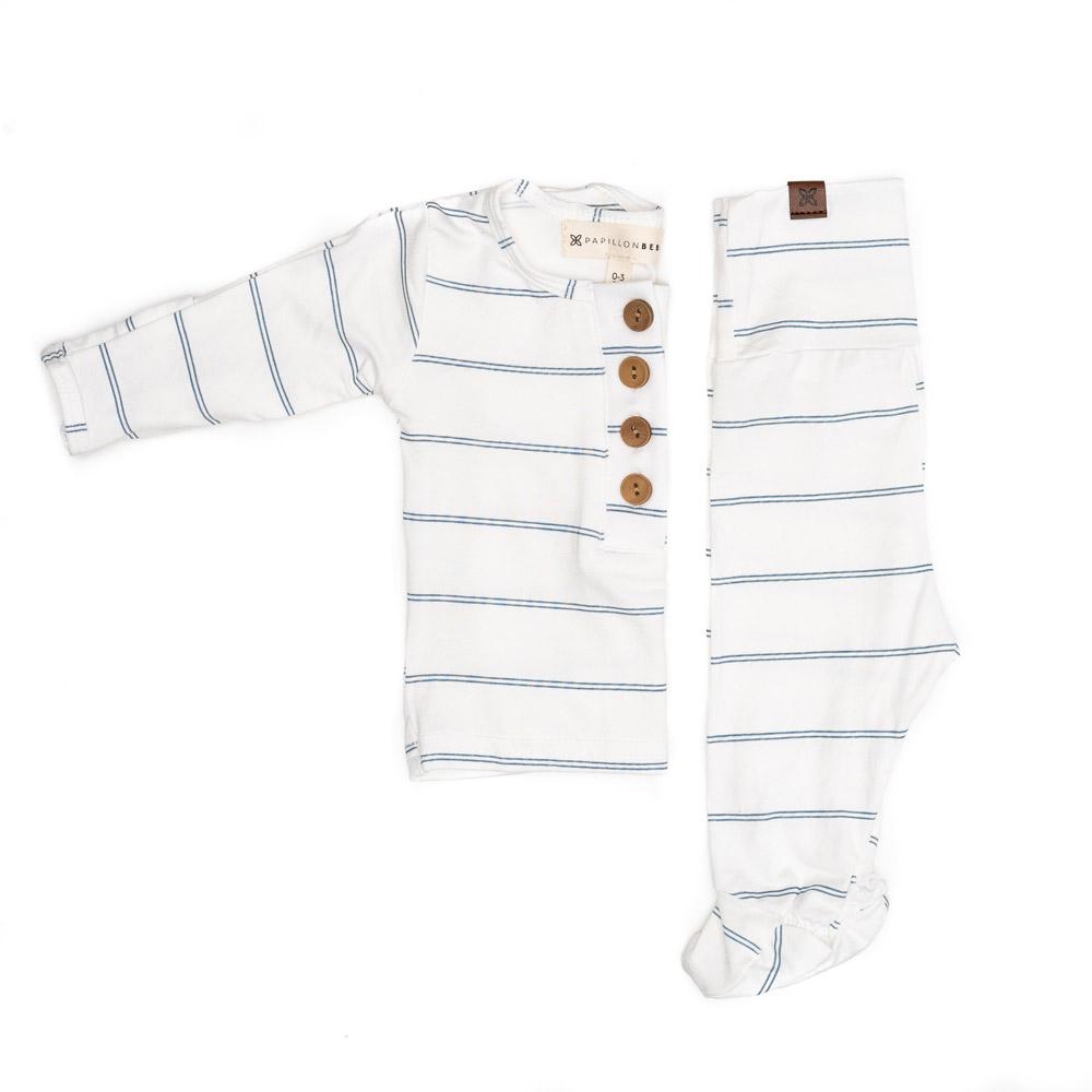 A cute baby outfit set featuring a soft fabric blend with functional wooden buttons, designed for comfort and style for infants.