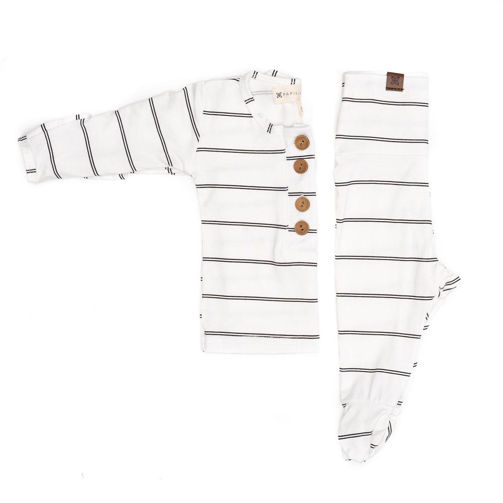 A cute baby outfit set featuring a soft fabric blend with functional wooden buttons, designed for comfort and style for infants.