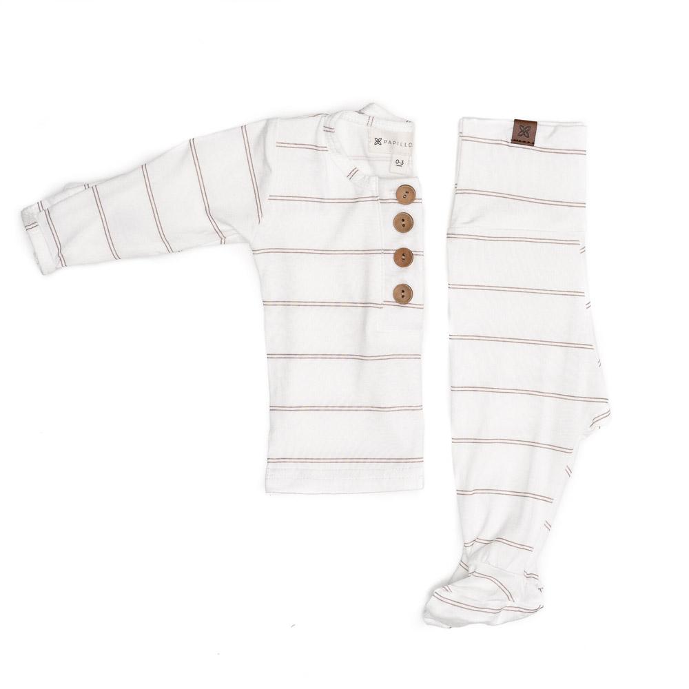 A cute baby outfit set featuring a soft fabric blend with functional wooden buttons, designed for comfort and style for infants.