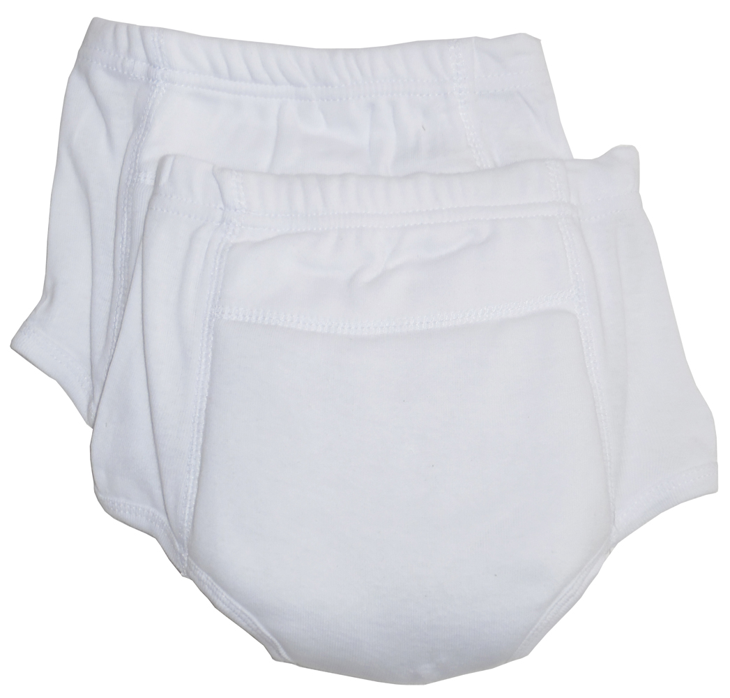 White Infant Training Pants made from 100% cotton with absorbent padding, designed for comfort and warmth, suitable for sizes NB to L.