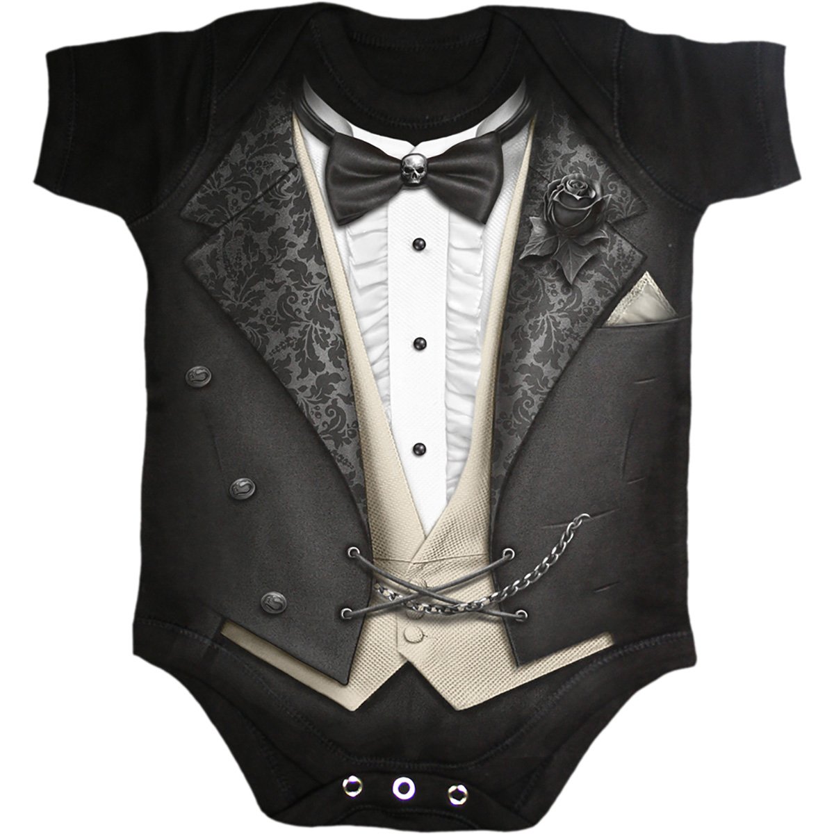 TUXED Baby Sleepsuit Black featuring a skull bowtie and black rose buttonhole, made from 100% cotton for comfort.