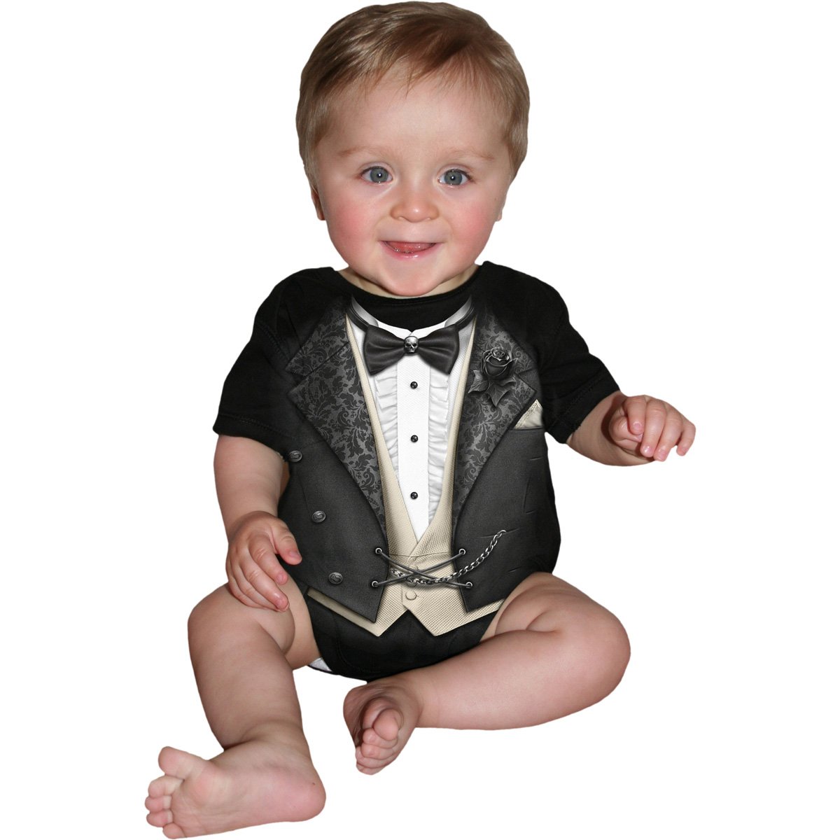 TUXED Baby Sleepsuit Black featuring a skull bowtie and black rose buttonhole, made from 100% cotton for comfort.