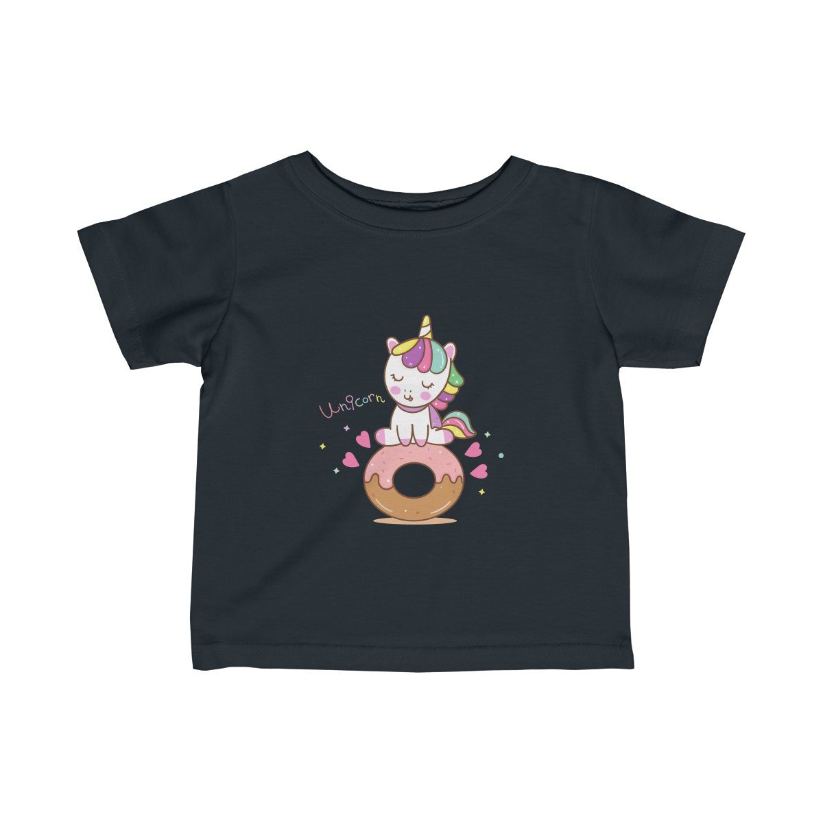 A soft cotton girl tee featuring a whimsical unicorn and donut design, perfect for infants.