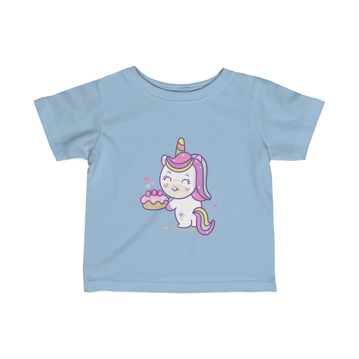 A soft cotton girls tee featuring a unicorn and strawberry shortcake design, perfect for infants and toddlers.