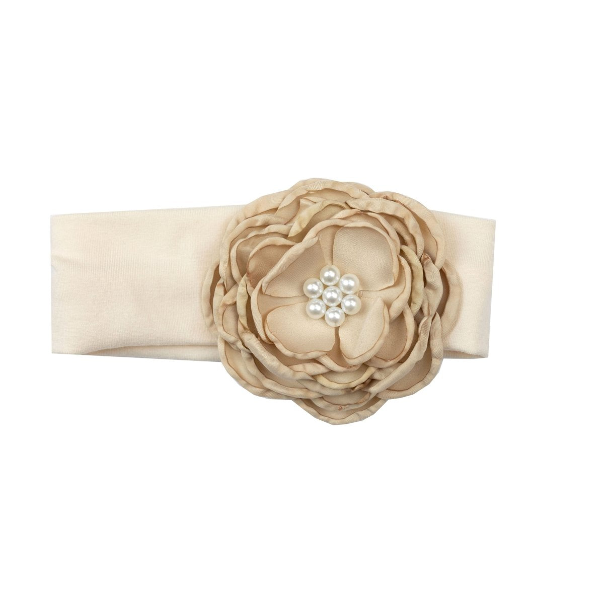 Peach Vanilla Sugar Baby Girl Headband with flower pearl accent, made of soft cotton, perfect for stylish baby outfits.