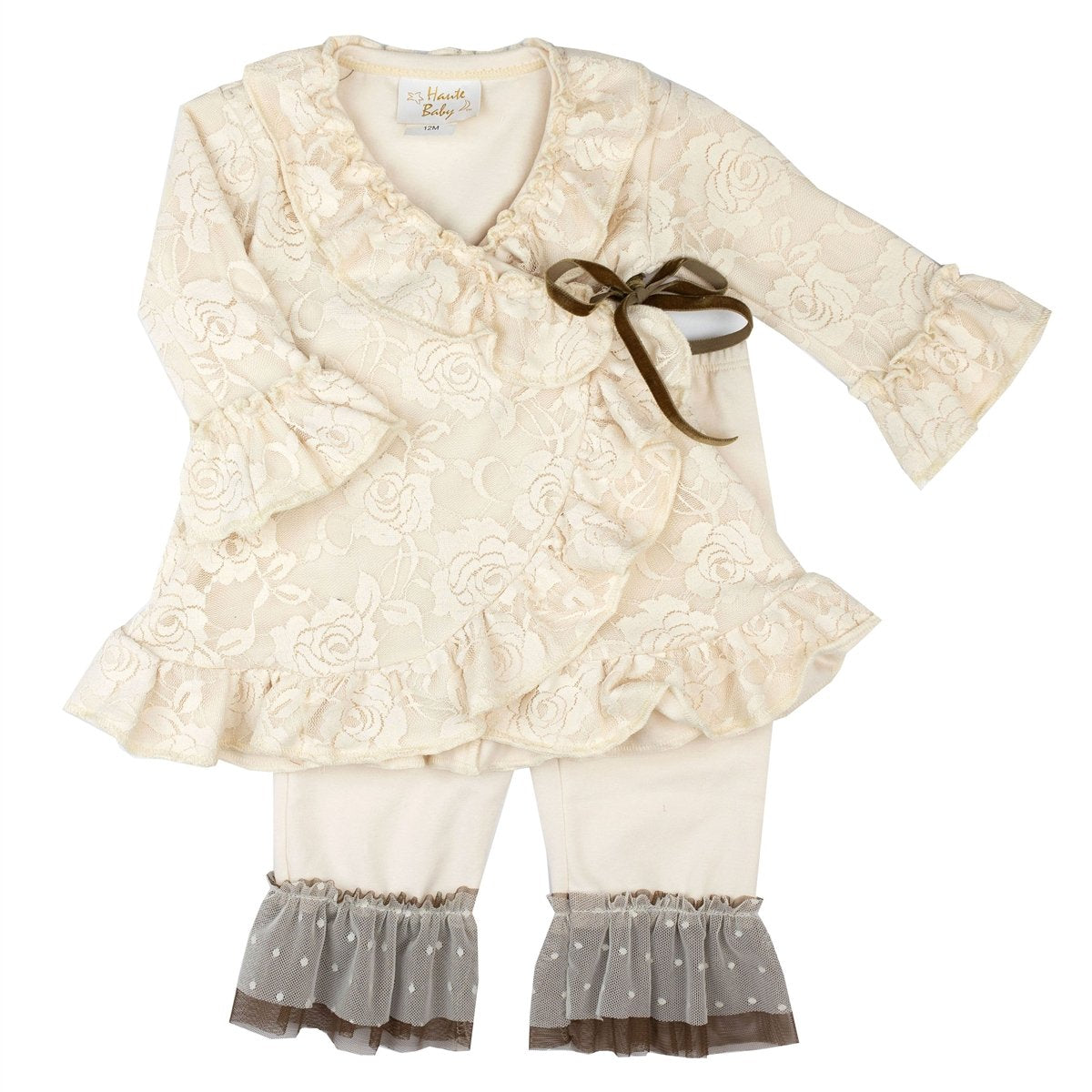 A charming Vanilla Sugar Kimono Set featuring cream fabric and delicate lace ruffles, perfect for little girls.