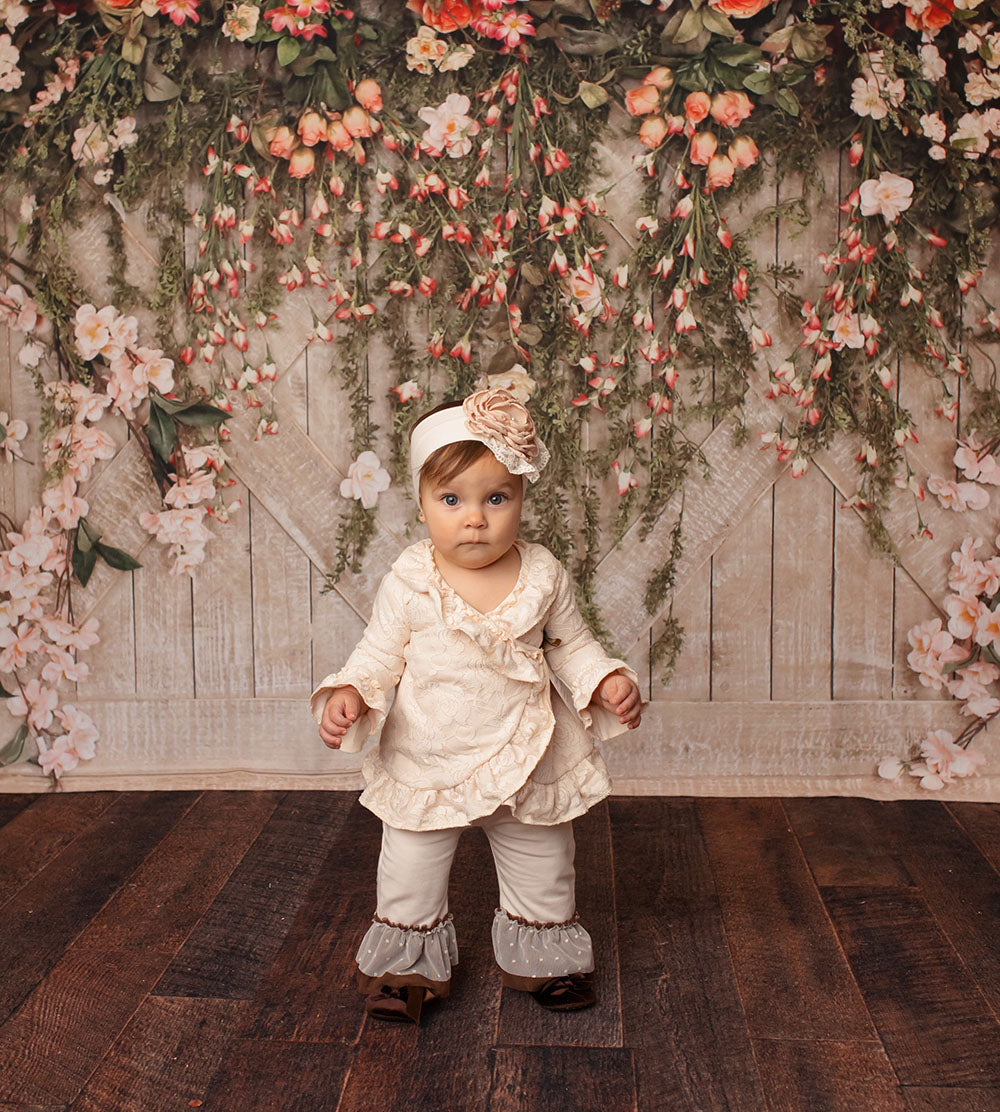 A charming Vanilla Sugar Kimono Set featuring cream fabric and delicate lace ruffles, perfect for little girls.