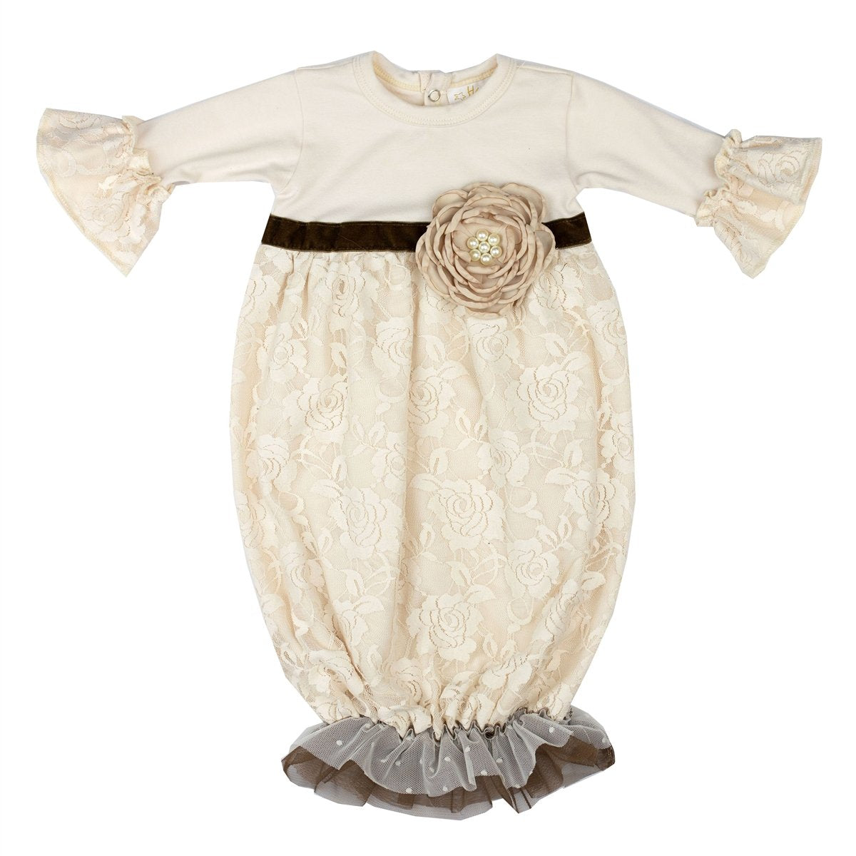 A beautiful cream baby gown with lace ruffles, perfect for newborns, displayed elegantly.