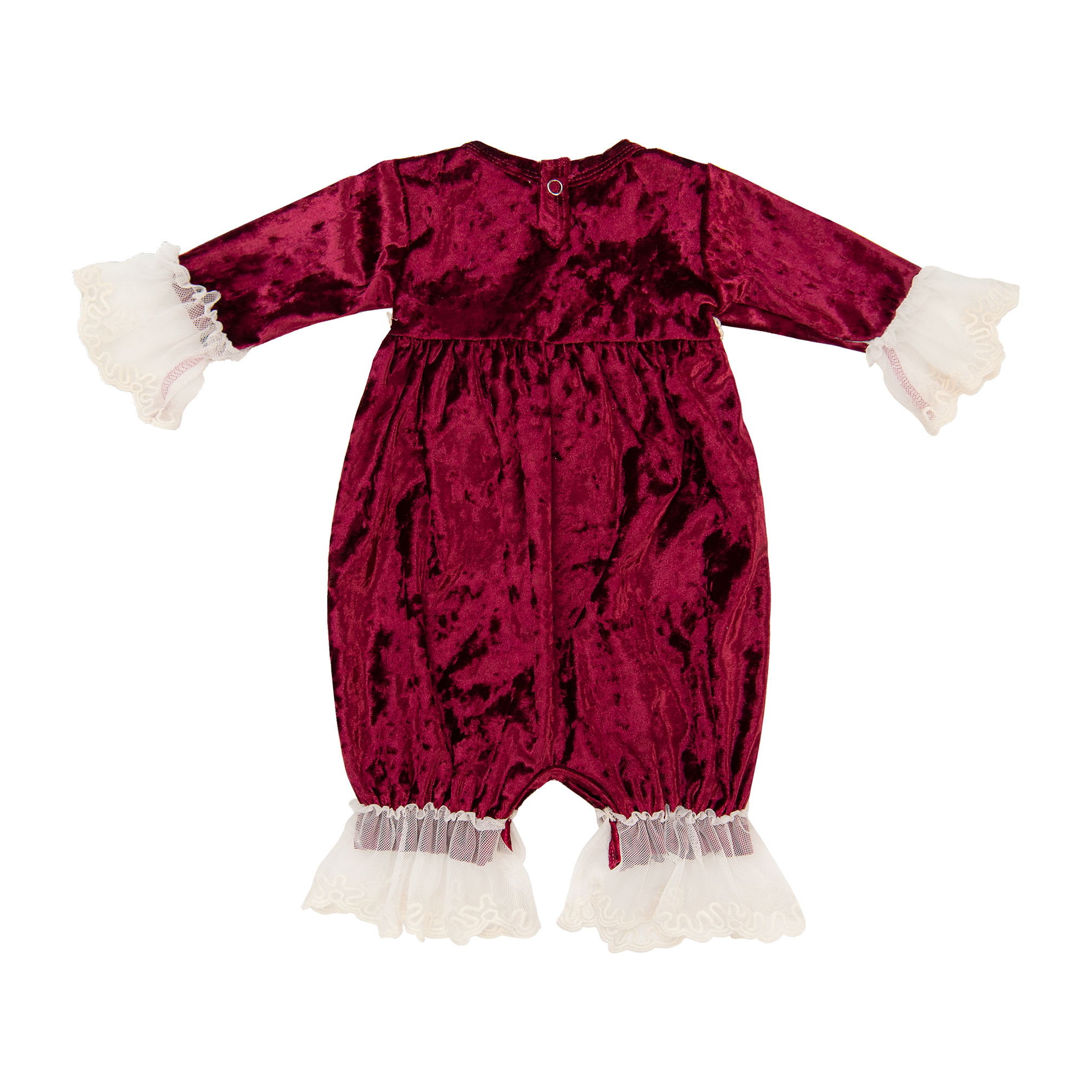 A luxurious Victoria Romper made of crushed velvet with delicate lace and trims, perfect for a baby's first holiday picture.