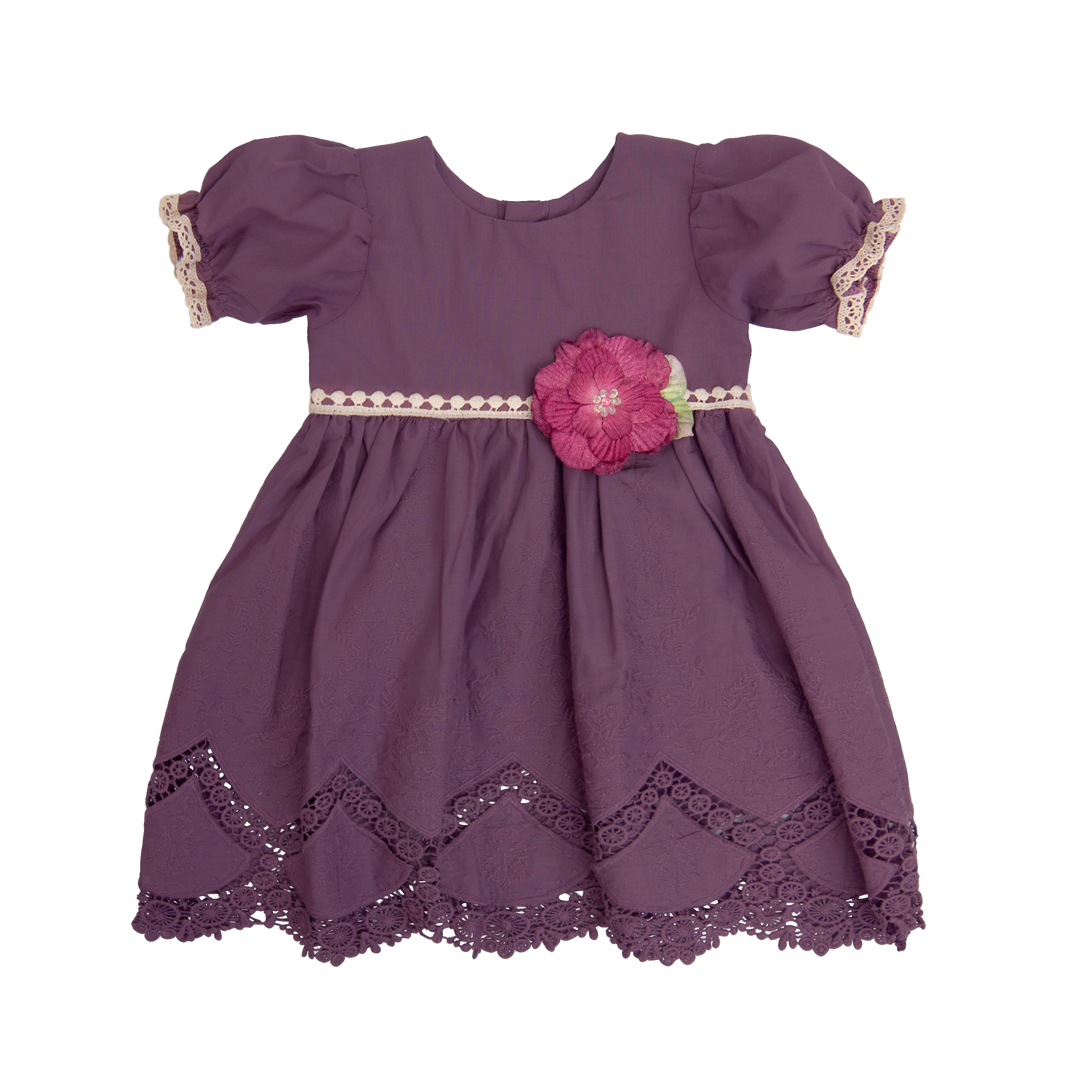 A beautiful Violet Field Baby Dress featuring intricate crocheted lace and rich purple fabric, perfect for special occasions.