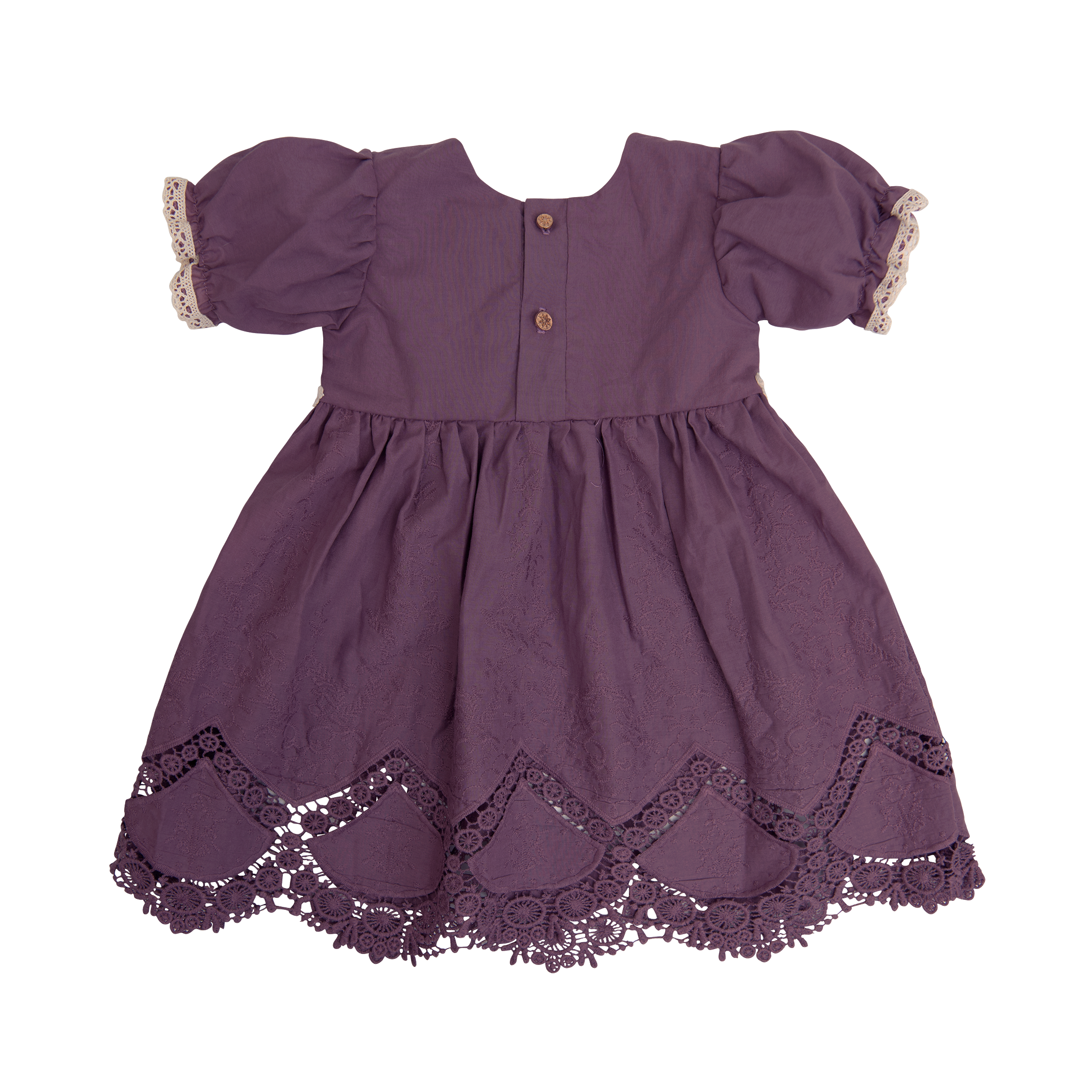 A beautiful Violet Field Baby Dress featuring intricate crocheted lace and rich purple fabric, perfect for special occasions.