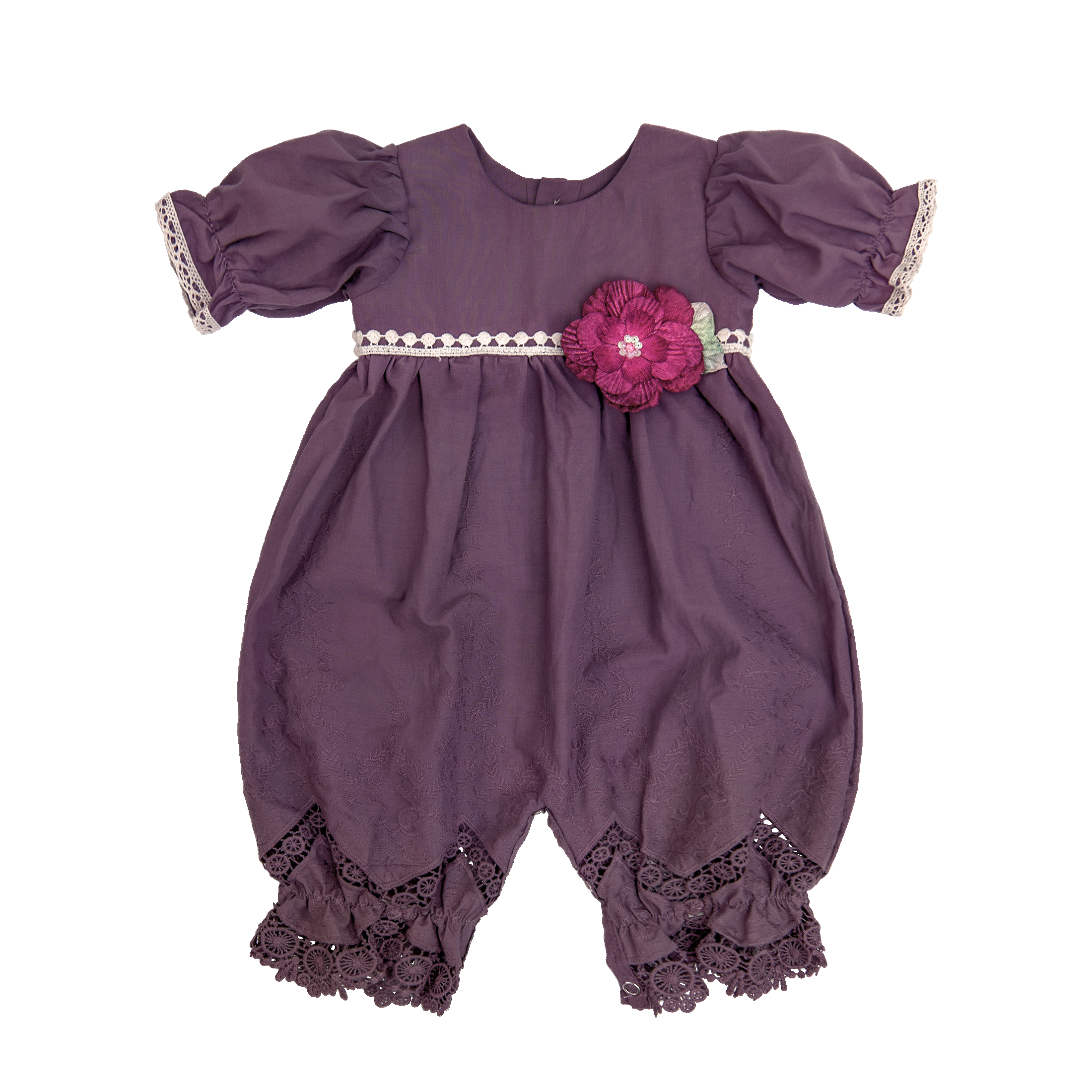 A stylish Violet Field Bubble featuring intricate crocheted lace and rich purple fabric, perfect for elegant occasions.