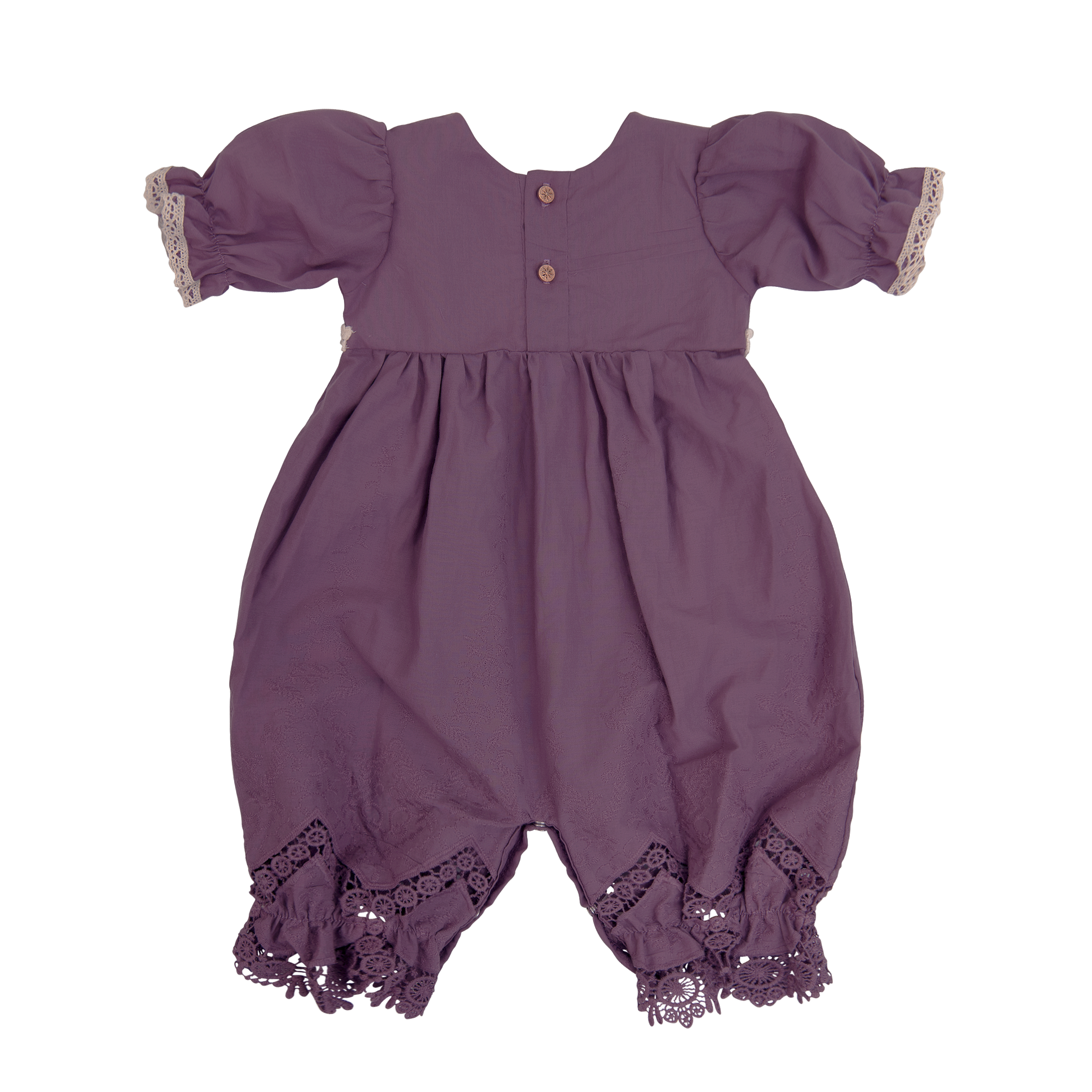 A stylish Violet Field Bubble featuring intricate crocheted lace and rich purple fabric, perfect for elegant occasions.