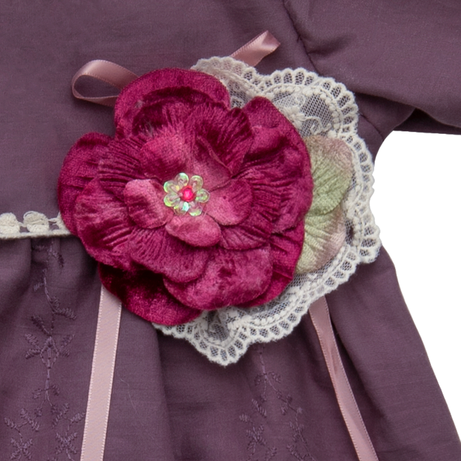 A stylish Violet Field Bubble featuring intricate crocheted lace and rich purple fabric, perfect for elegant occasions.